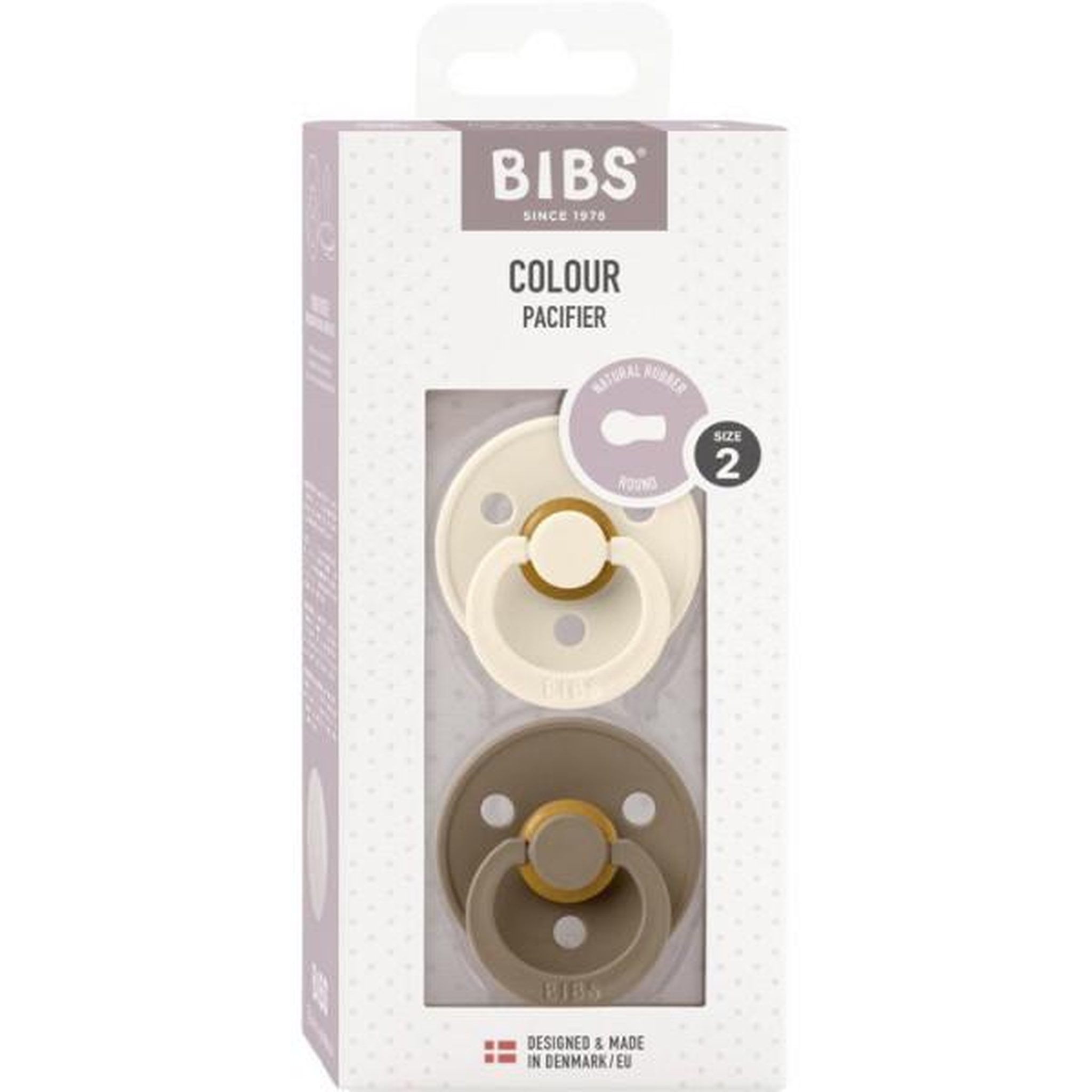 Voir la diapositive 2 : BIBS Sucette bébé - BIBS - Colour - Embout rond - Pack de 2 - Caoutchouc naturel - Taille 2 Ivory Dark Oak