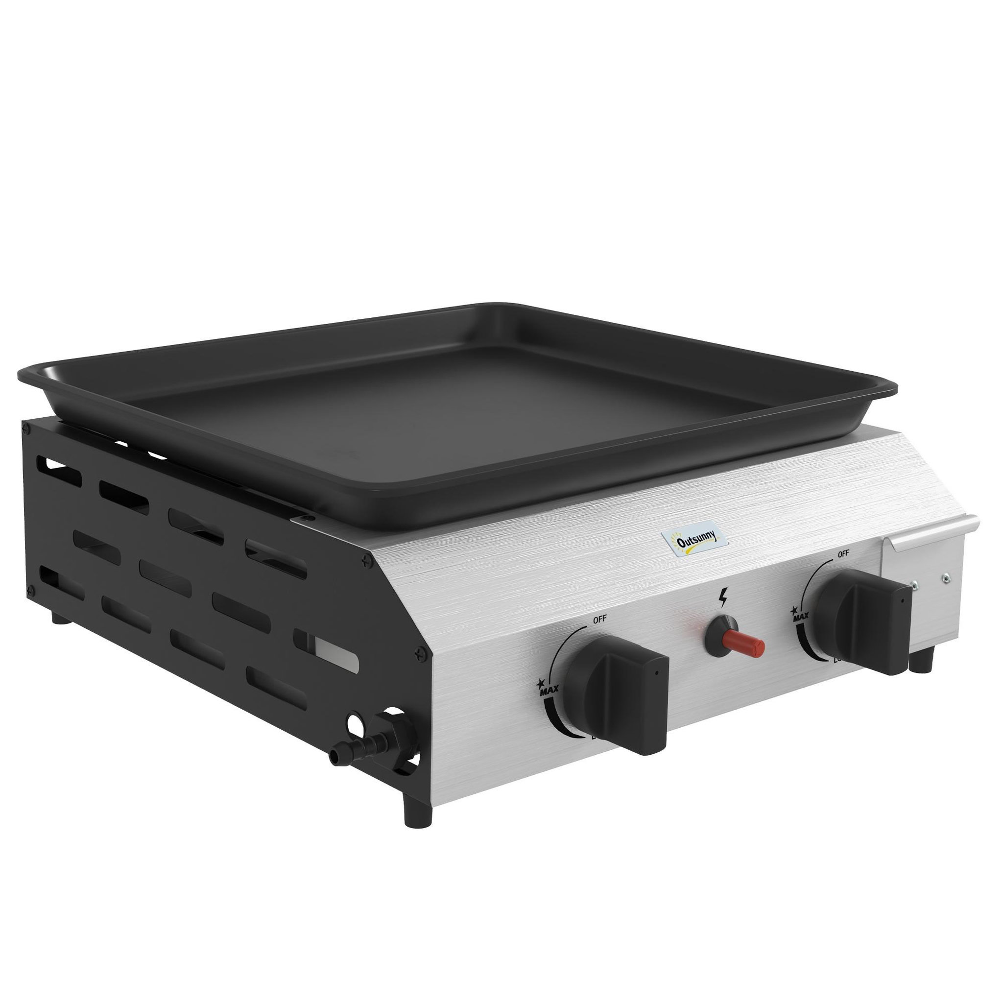 Voir la diapositive 1 : OUTSUNNY Plancha gaz portable antiadhésive 2 brûleurs 4,8 kW surface cuisson 40L x 34l cm acier inox émaillé