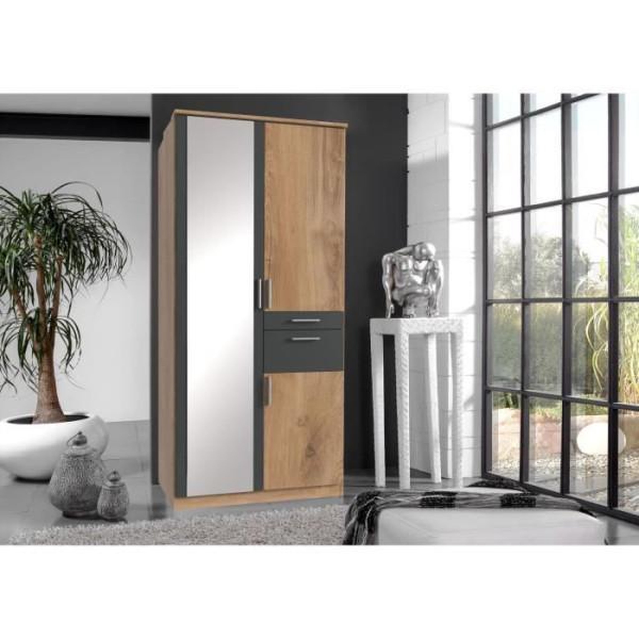 Voir la diapositive 2 : N/A Armoire Décor Chene & Graphite - 3 portes battantes - Miroir - 2 tiroirs - L90 x P58 x H199 cm - VOLOS