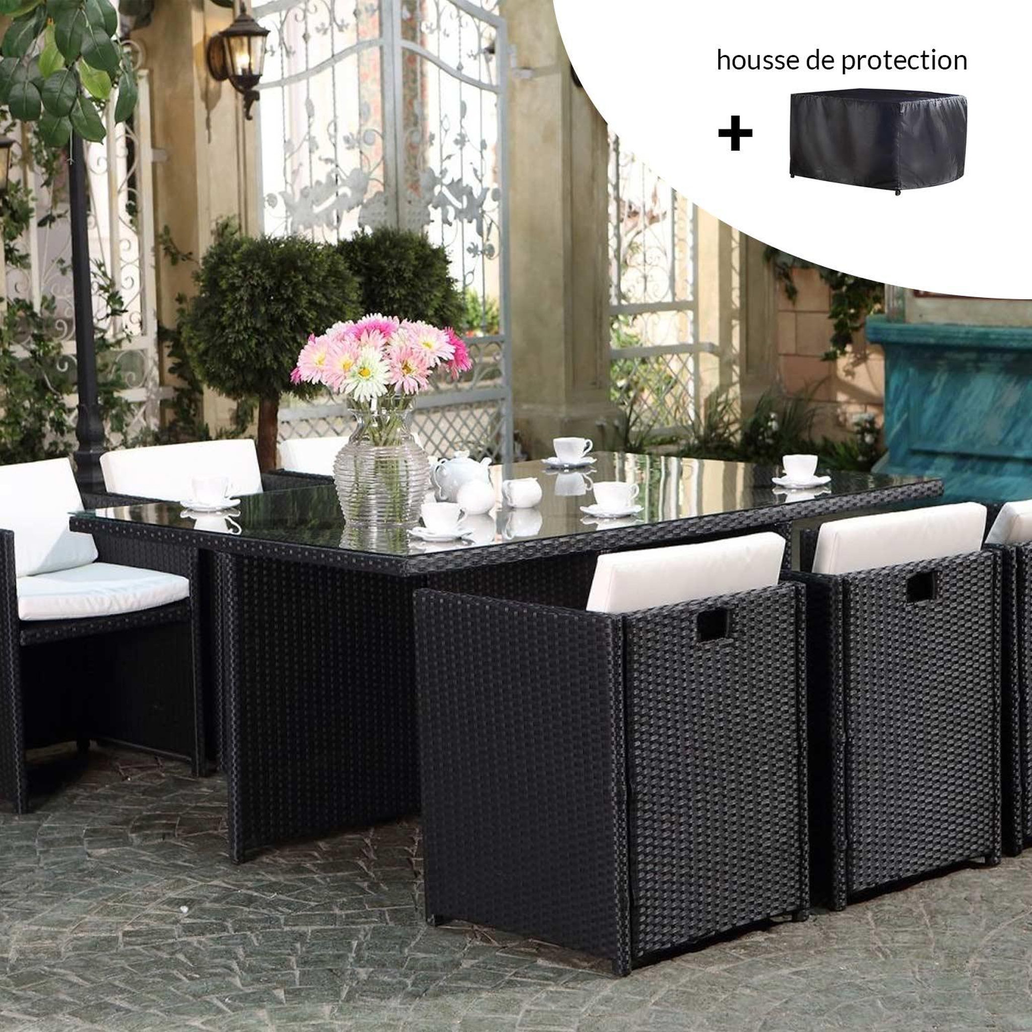 Voir la diapositive 2 : CONCEPT USINE Salon de jardin 6 places noir-blanc + housse de protection miami