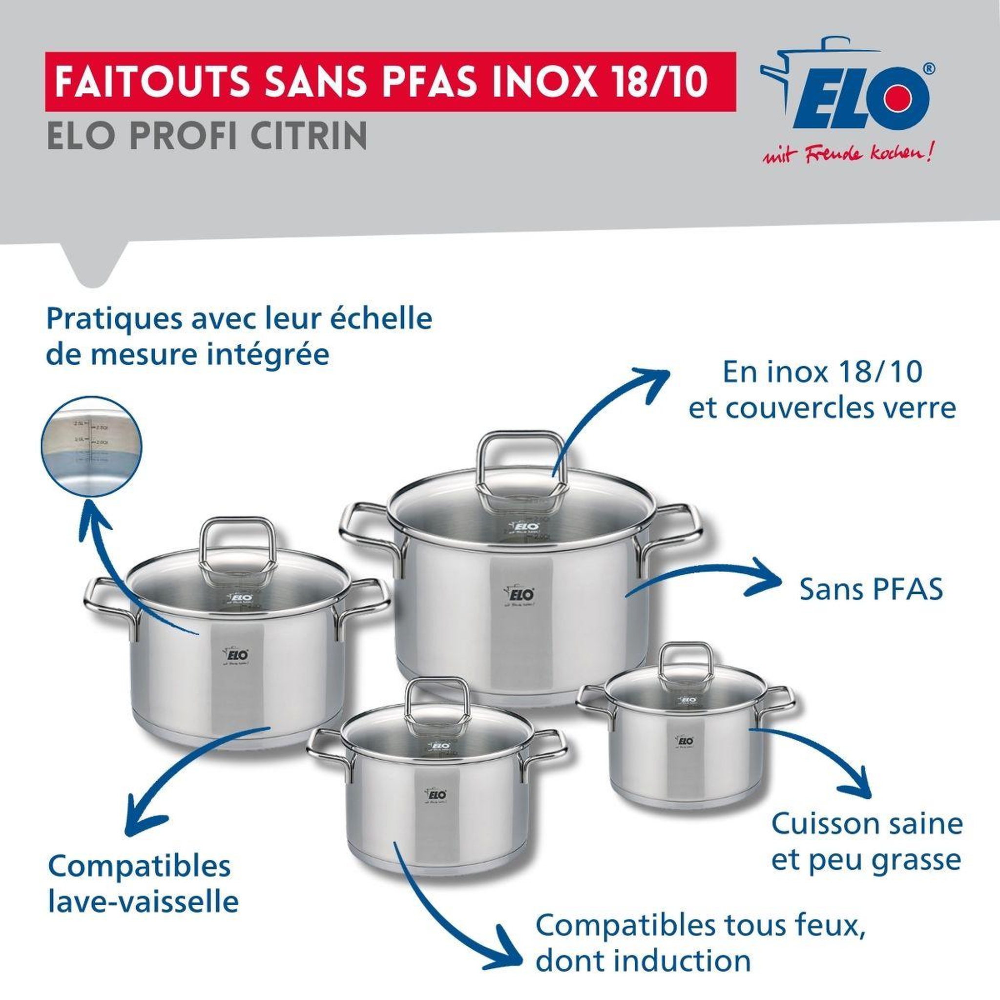 Voir la diapositive 3 : ELO Ensemble de 2 poêles de cuisson 28 et 32 cm et 4 faitouts 12, 14, 16 et 20 cm elo profi citrin