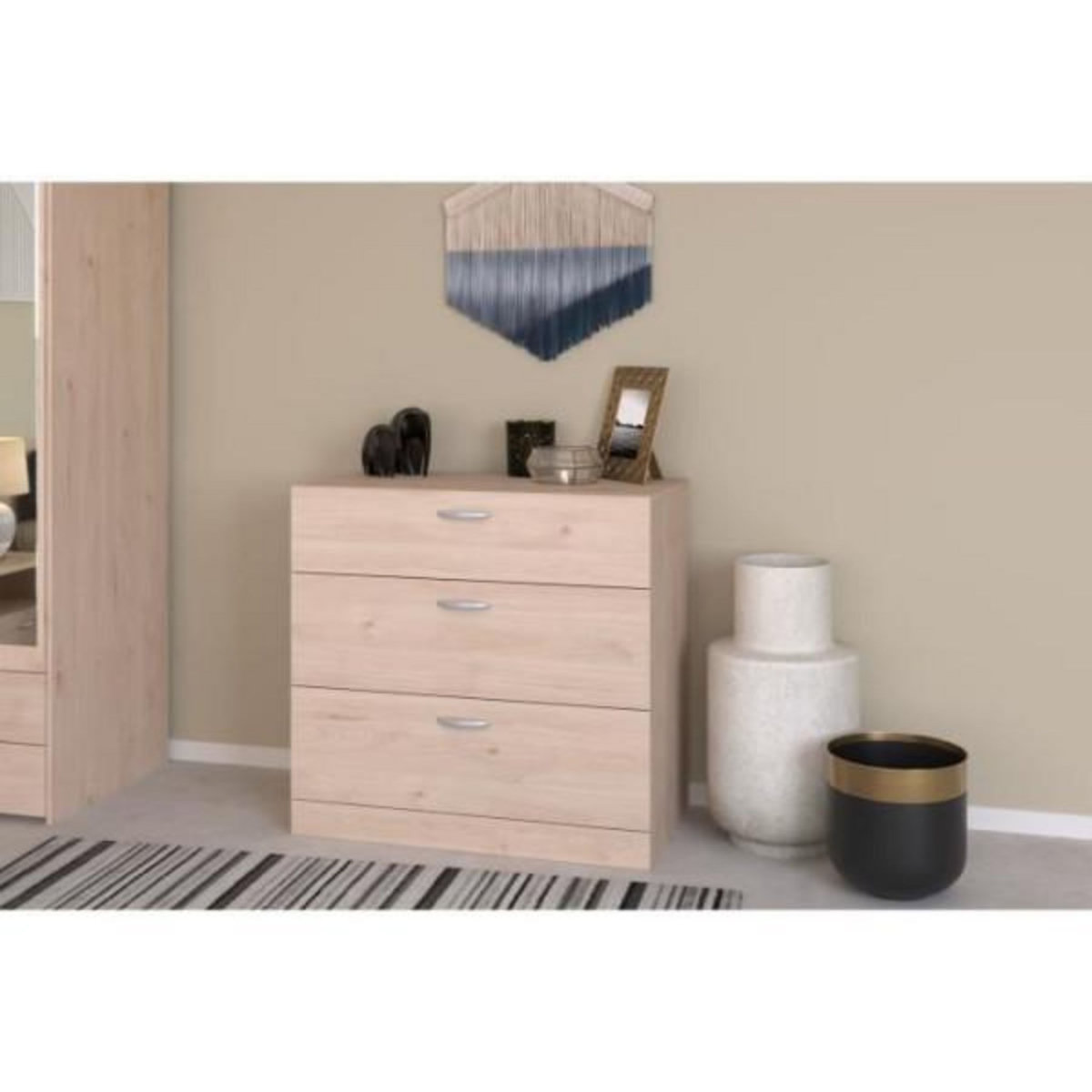 PARISOT Chambre complete adulte VARIA - Lit 140x190/200 + 2 chevets +1 commode, 1 armoire avec miroir - Décor Chene - PARISOT