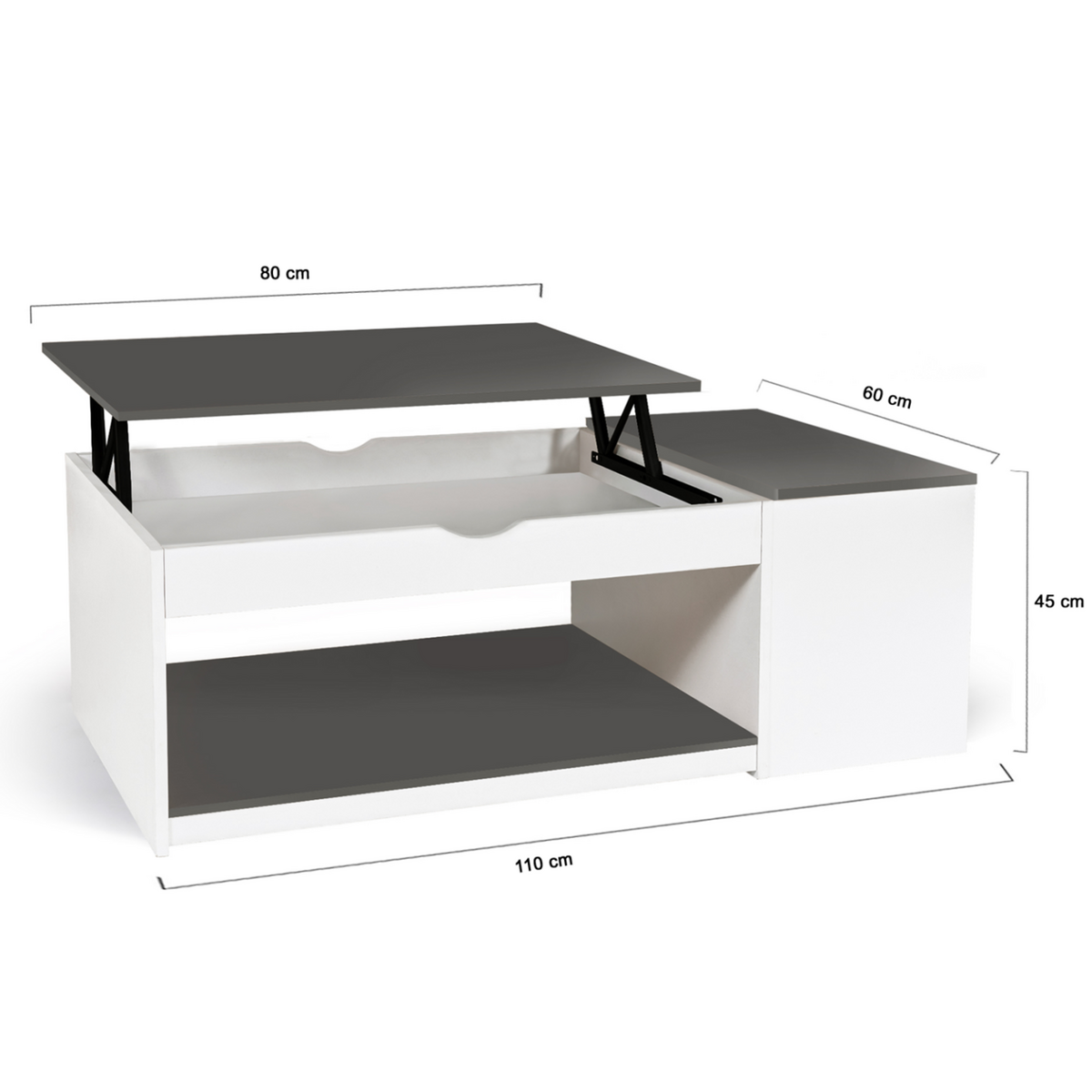ID MARKET Table basse plateau relevable rectangulaire ELEA avec coffre bois blanc et gris