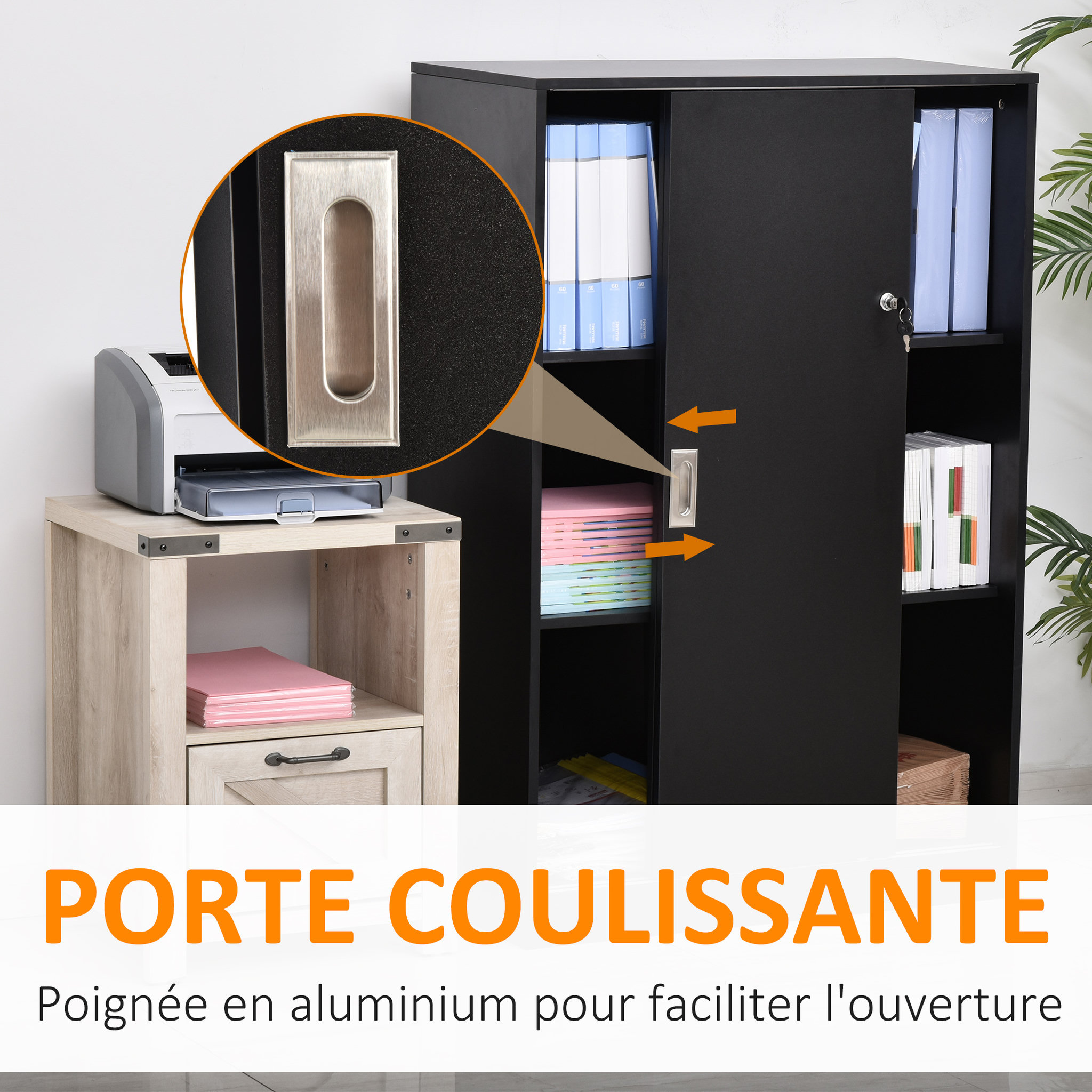 Voir la diapositive 5 : HOMCOM Armoire de bureau 2 portes coulissantes verrouillables dim. 80L x 40l x 120H cm 2 étagères panneaux particules noir