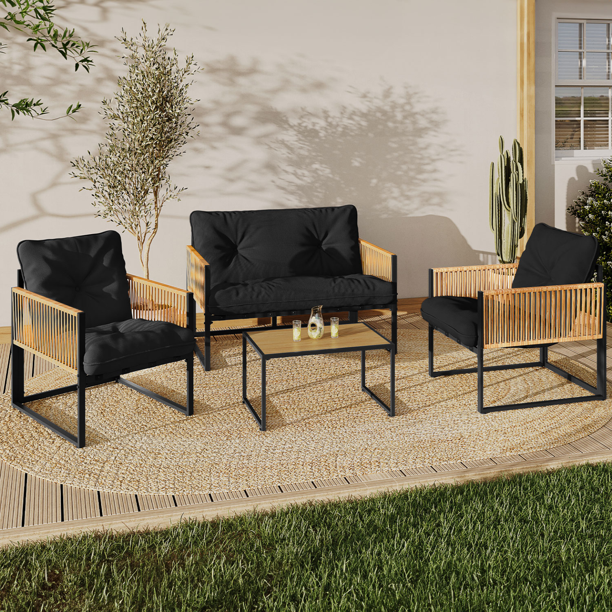 Voir la diapositive 2 : ID MARKET Salon de jardin bas rio 4 places structure métal noir, cordage effet rotin clair et coussins noirs