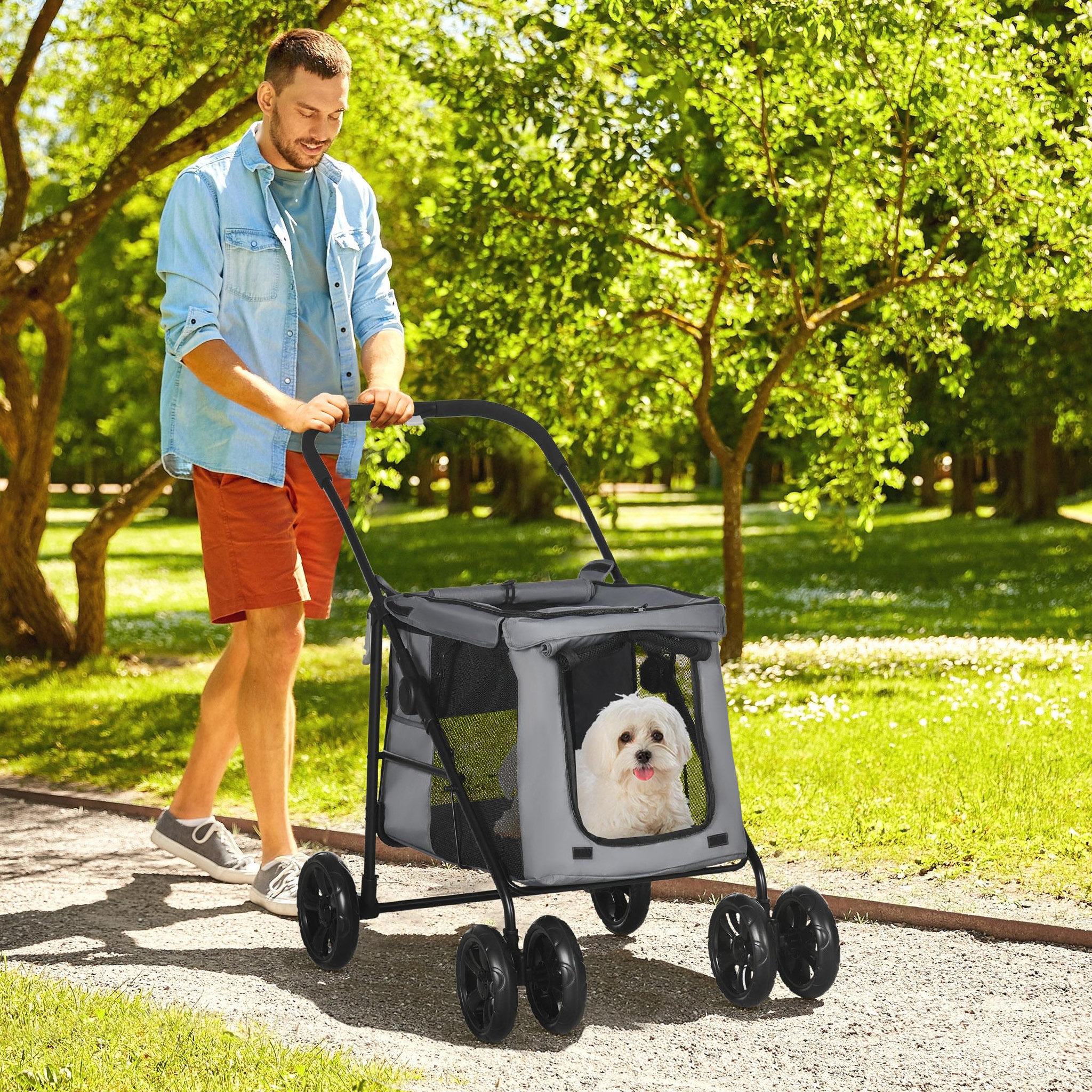 Voir la diapositive 2 : PAWHUT Poussette pliable pour chien chat 4 roues 3 pochettes rangement coussin acier oxford gris