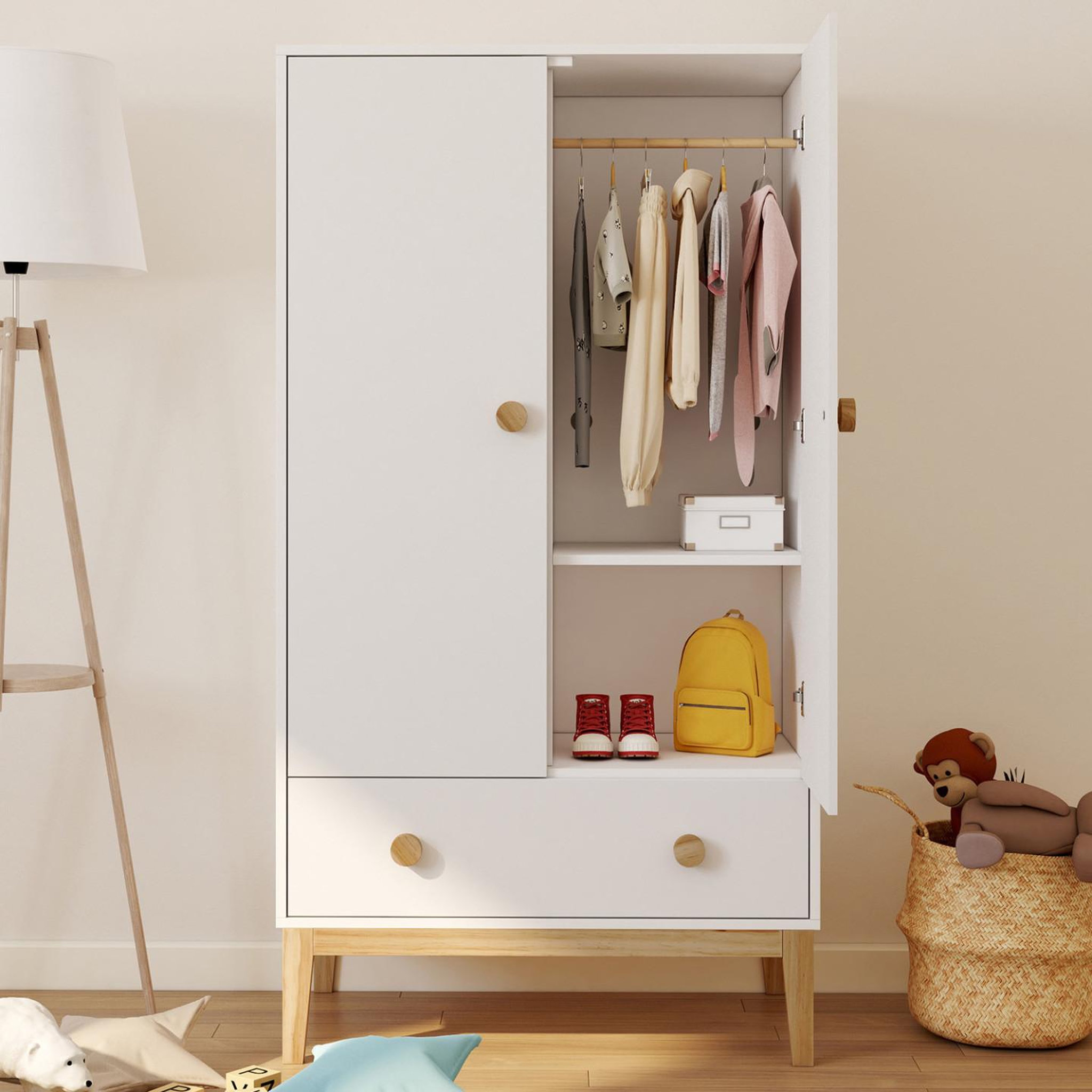 Voir la diapositive 2 : ID MARKET Armoire enfant 2 portes jacob avec tiroir blanc et bois