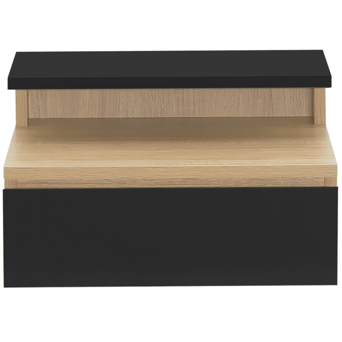 ID MARKET Lot de 2 tables de chevet murales TOMI 1 tiroir + 1 tablette étagère suspendue + 1 tablette façon hêtre et noir