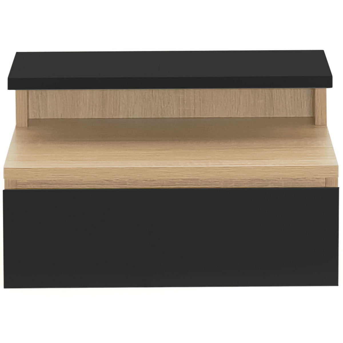 ID MARKET Lot de 2 tables de chevet murales TOMI 1 tiroir + 1 tablette étagère suspendue + 1 tablette façon hêtre et noir