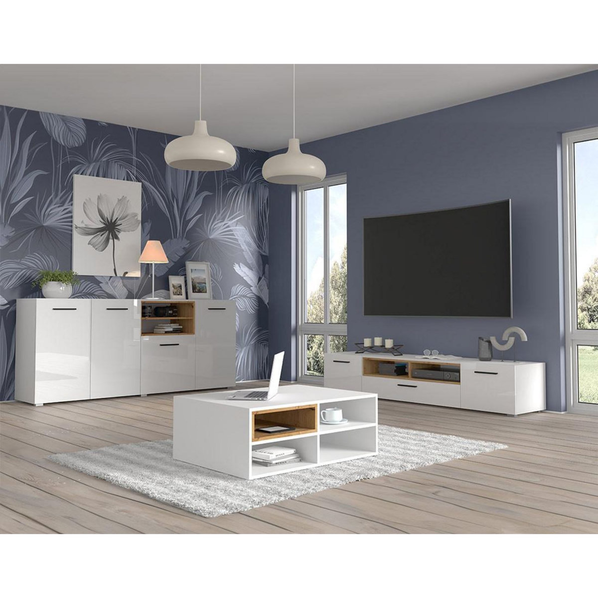 BEST MOBILIER Leolio - buffet bas - blanc et bois - 198 cm
