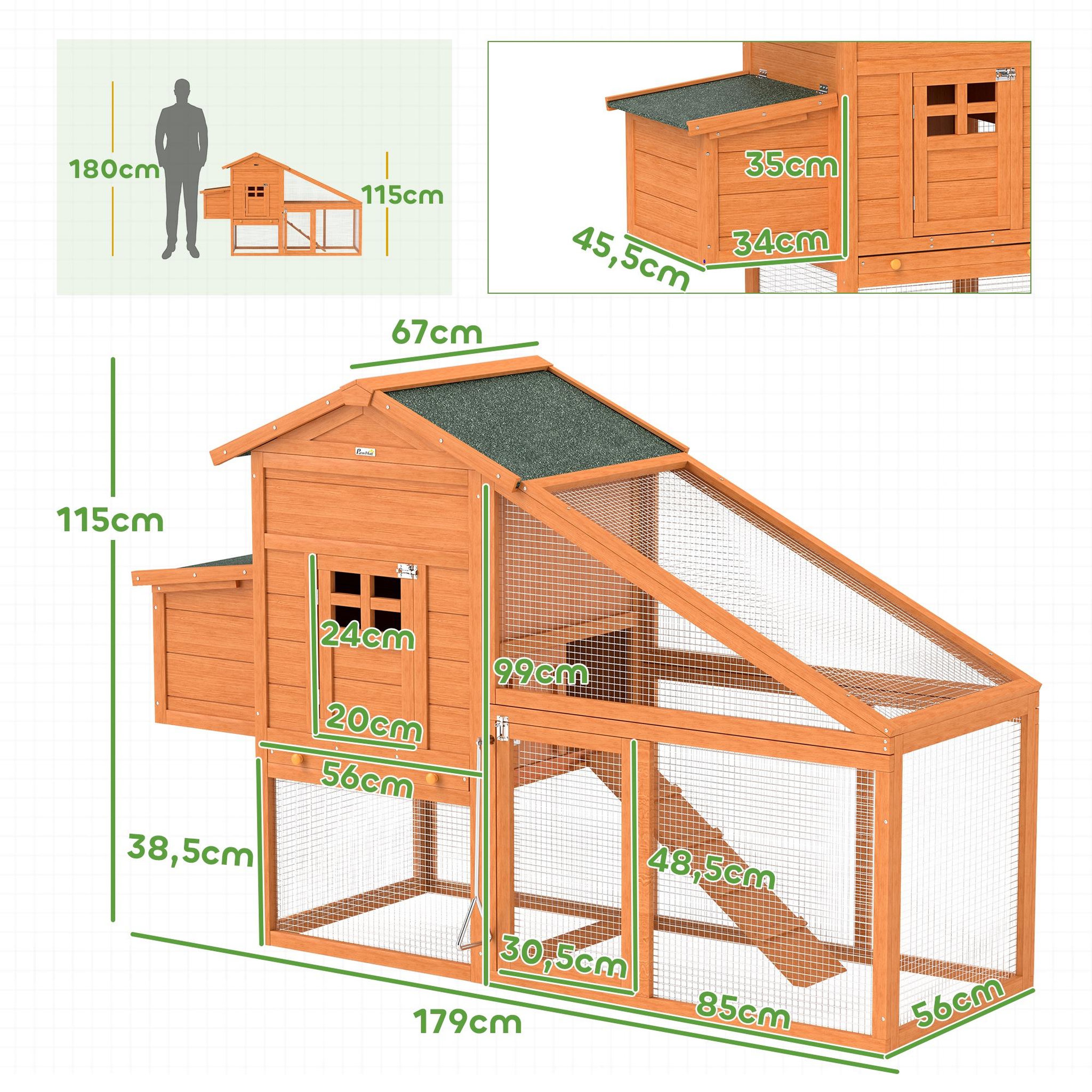 Voir la diapositive 3 : PAWHUT Poulailler cottage grand confort multi-équipement 179x67x115cm bois sapin pré-huilé
