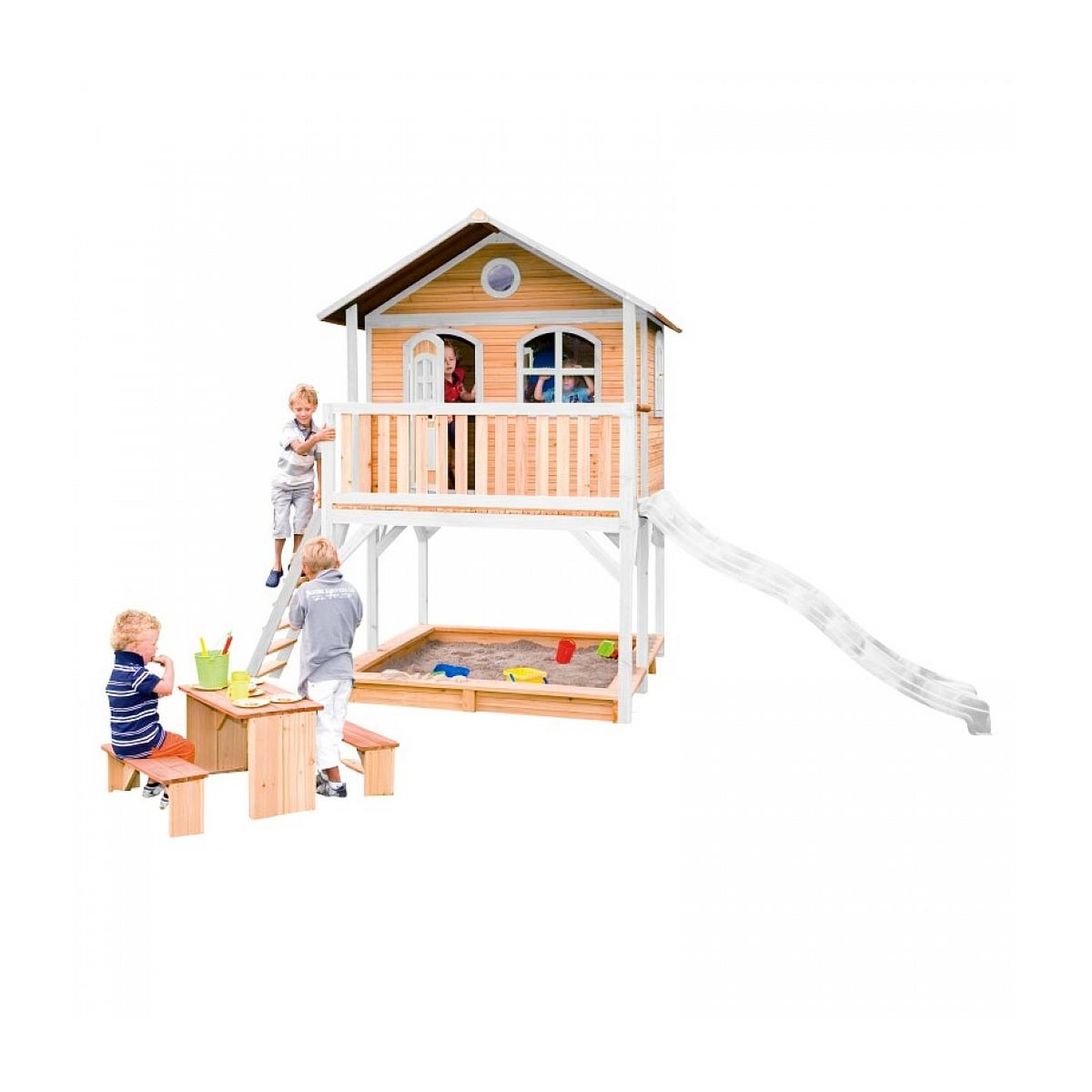 Voir la diapositive 2 : Axi House AXI Maisonnette MARC Brun Blanc avec toboggan Blanc et bac à sable