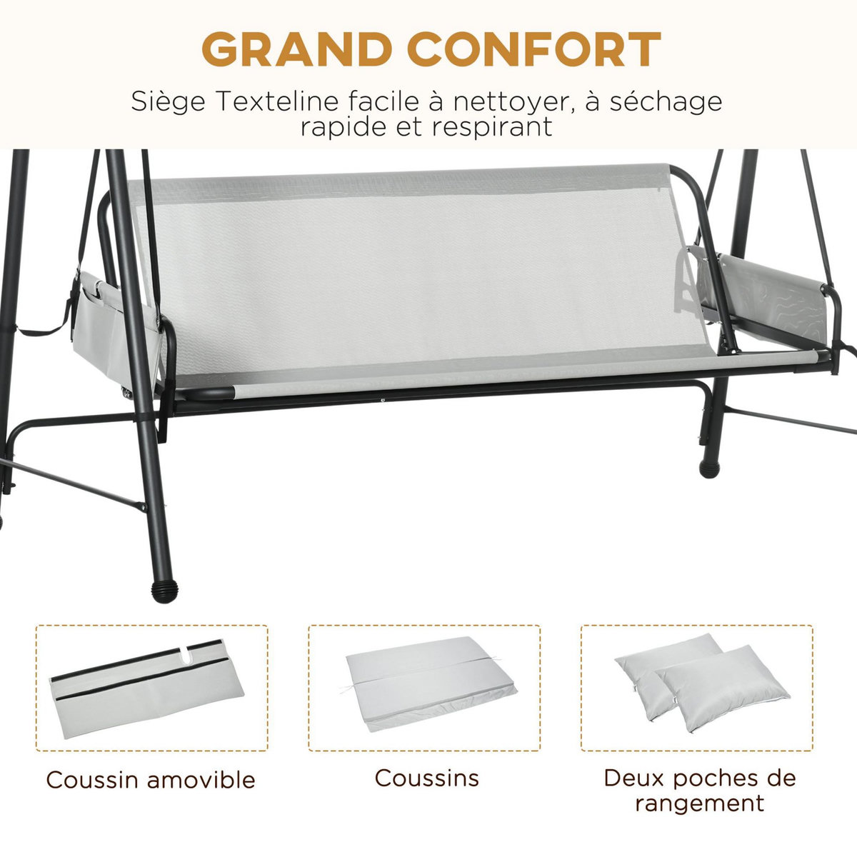 OUTSUNNY Balancelle de jardin 3 places convertible auvent réglable épais coussins amovibles polyester acier époxy gris clair