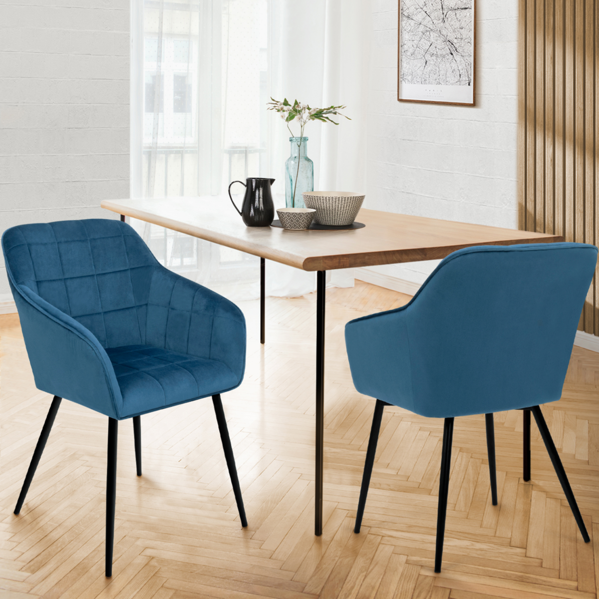 ID MARKET Lot de 2 chaises de salle à manger, fauteuils de table MADY en velours bleu canard