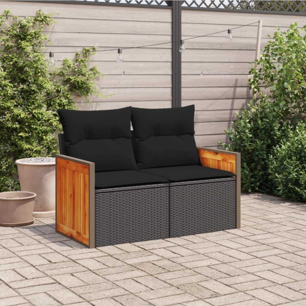 VIDAXL Canape de jardin avec coussins 2 places noir resine tressee