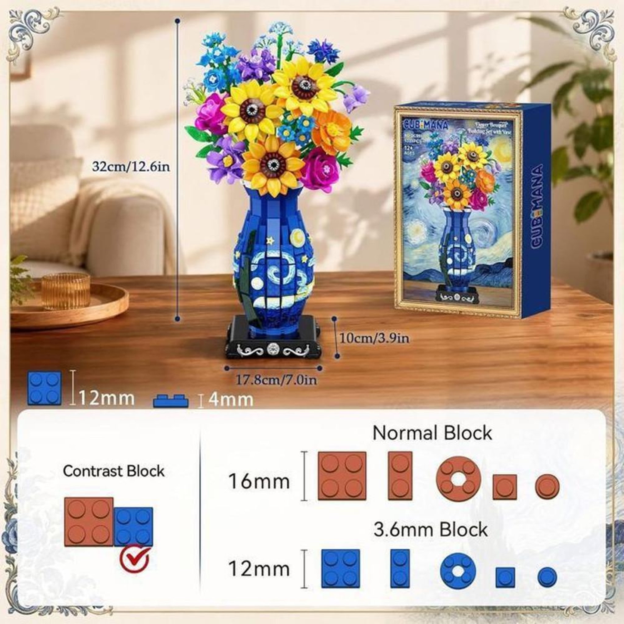 Voir la diapositive 3 : Kit de construction floral avec guirlande LED, vase bleu imprimé, 1331 pièces mini 3,6 mm