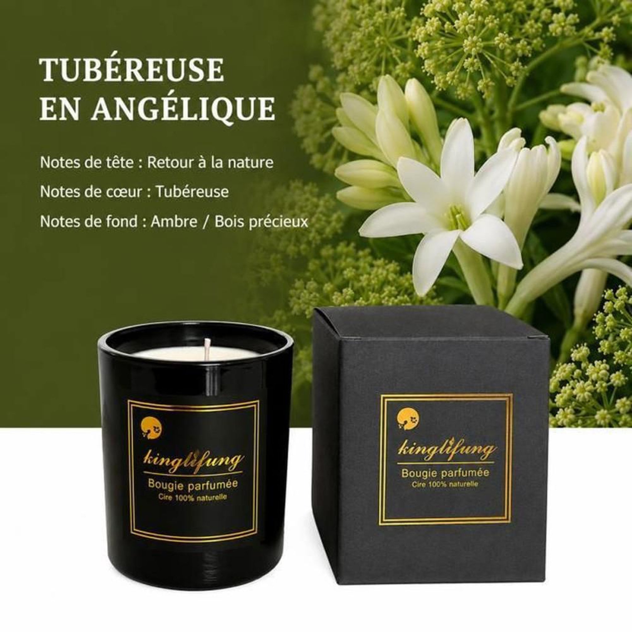 Bougie parfumée cire de soja 100% Tubéreuse & Angélique pot verre noir mèche en coton 160 g, brûle 30–45 h