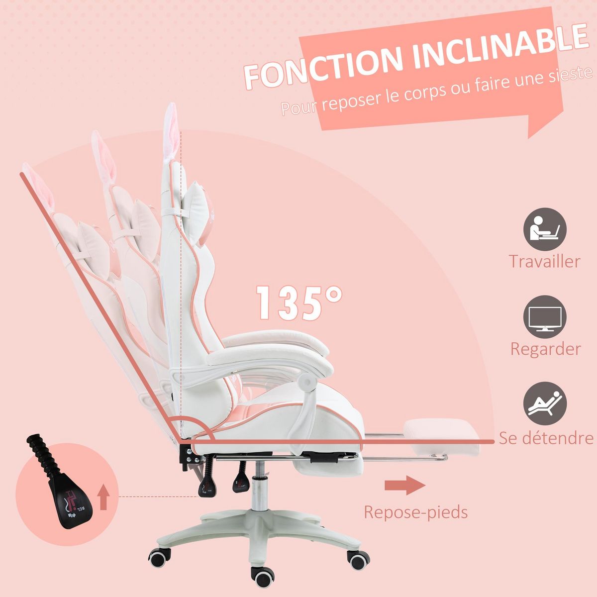 VINSETTO Chaise gaming fauteuil gamer inclinable réglable repose-pied rétractable oreilles de lapin amovibles rose blanc