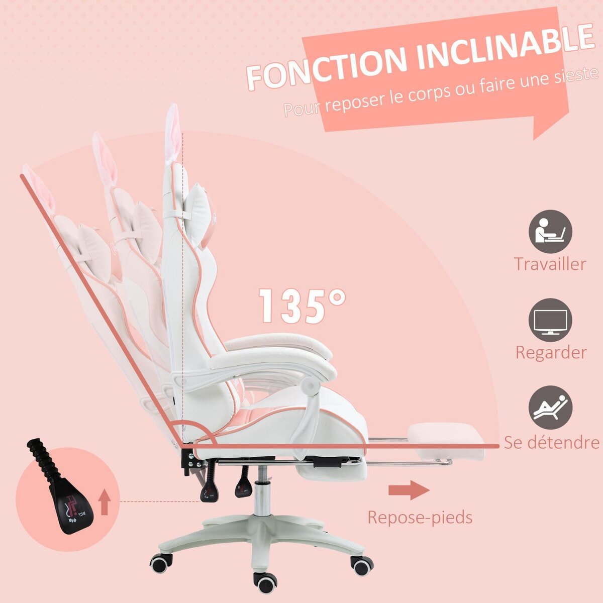 VINSETTO Chaise gaming fauteuil gamer inclinable réglable repose-pied rétractable oreilles de lapin amovibles rose blanc