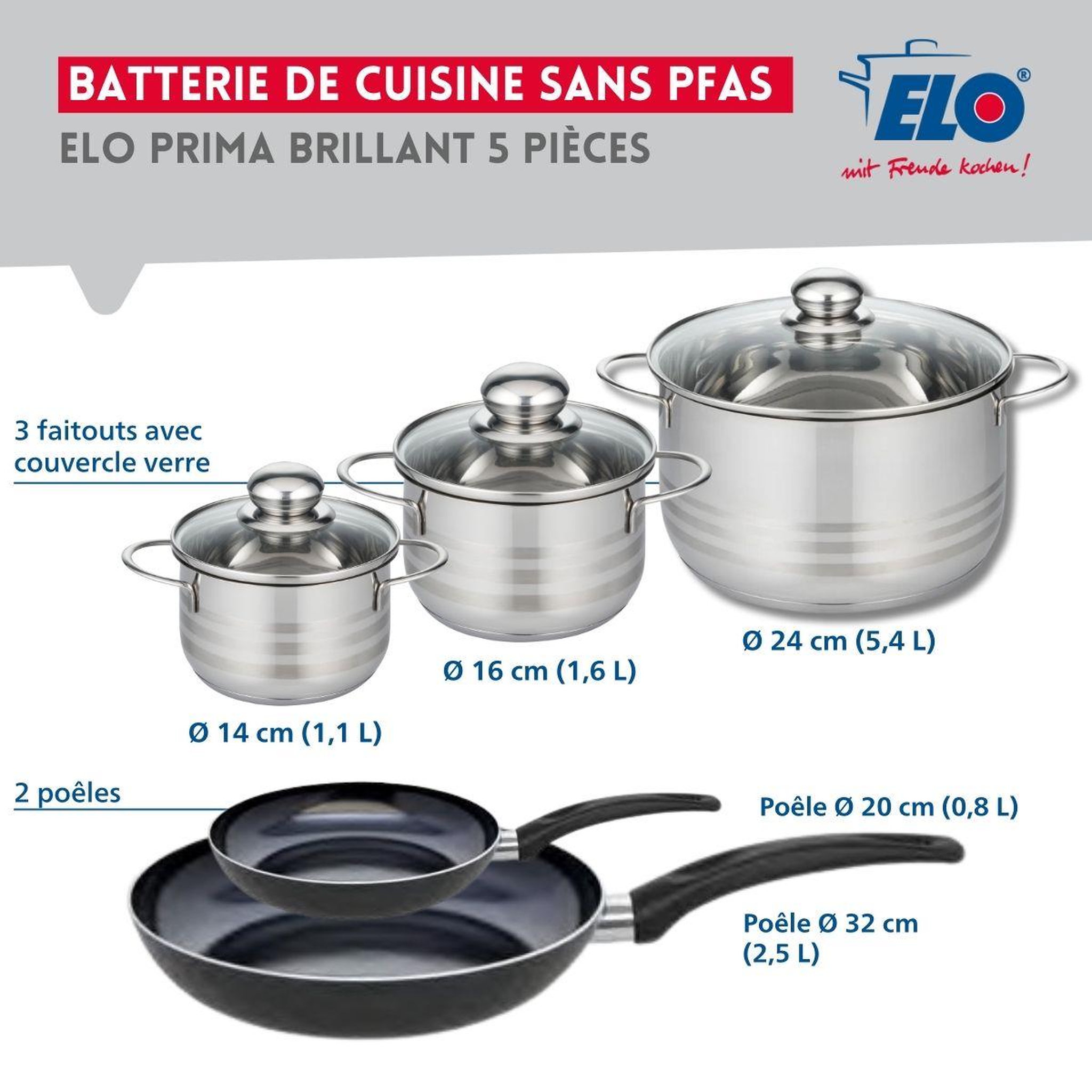 Voir la diapositive 2 : ELO Ensemble de 2 poêles de cuisson 20 et 32 cm et 3 faitouts 14, 16 et 24 cm elo prima brillant