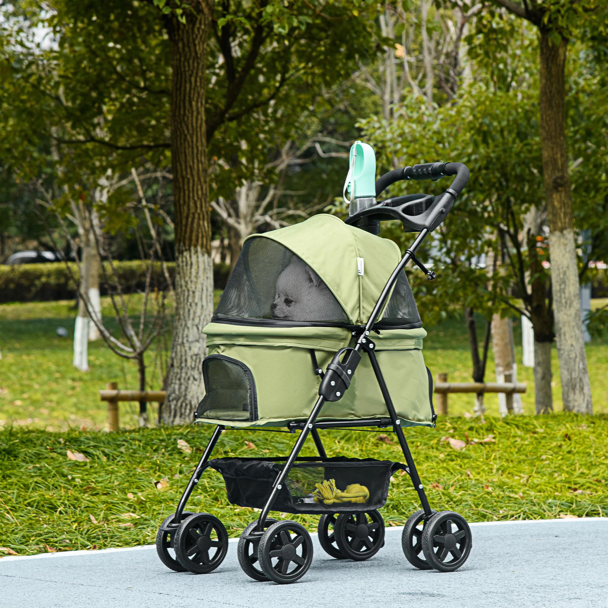 Voir la diapositive 2 : PAWHUT Poussette buggy pliable chien chat panier rangement porte-gobelets tissu 300d oxford imperméable 4 roues vert