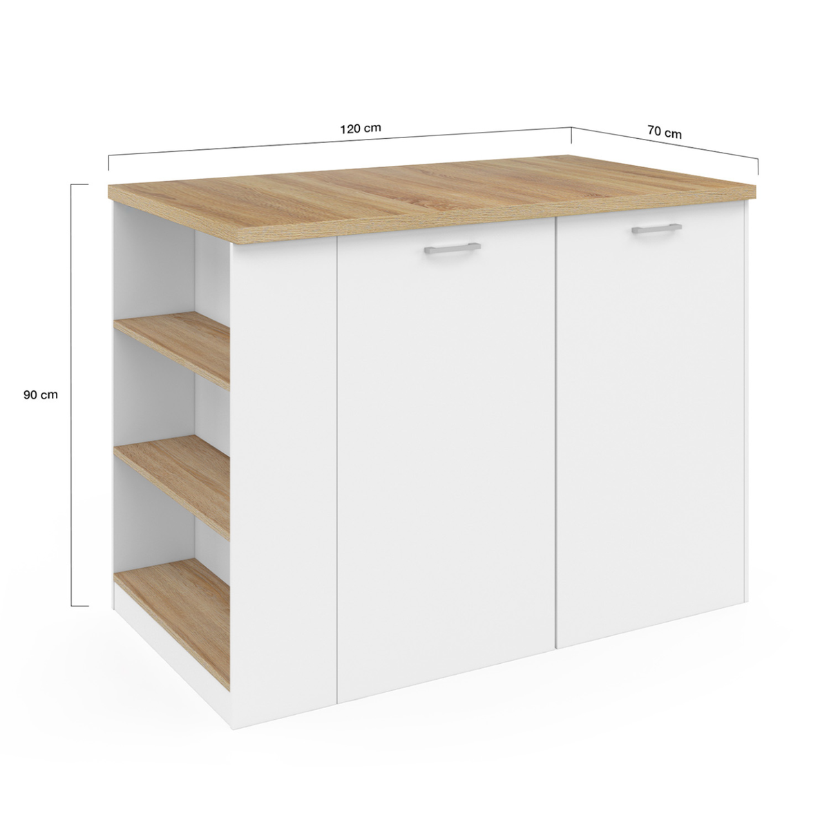 ID MARKET Ilot central TIBO 120 cm bois blanc avec plan de travail façon hêtre
