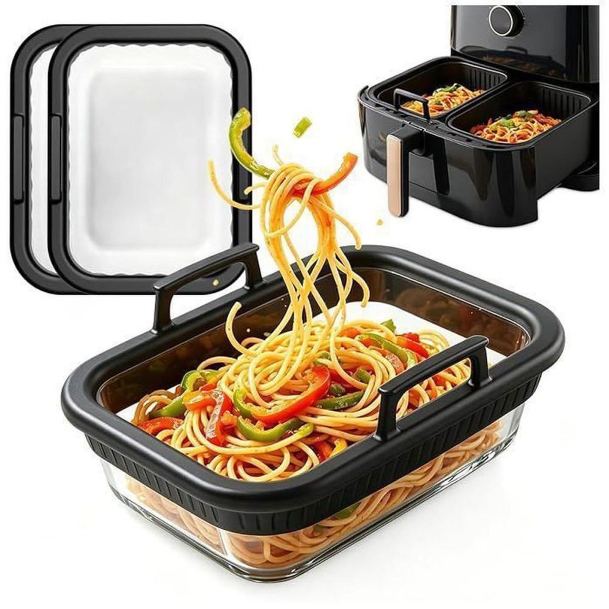 Lot de 2 plats de cuisson en verre résistant à la chaleur pour friteuse à air double zone, poignées en silicone amovibles, coloris transparent et noir