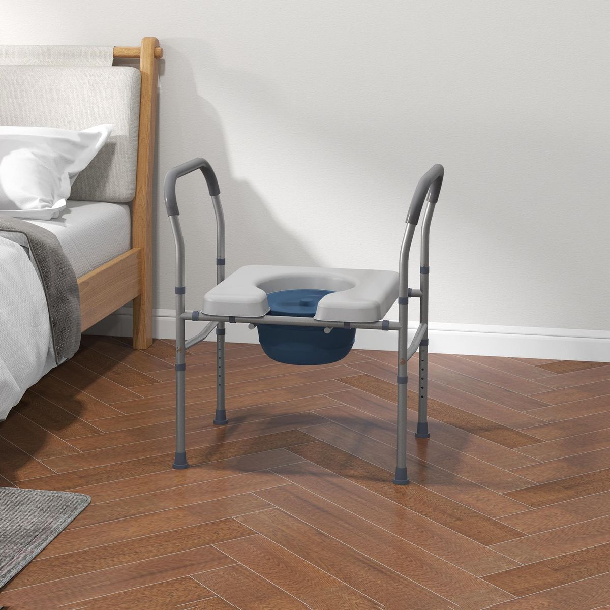 HOMCOM Chaise percée - Chaise de douche percée - hauteur réglable, seau amovible pliable - antidérapante - alu PVC gris