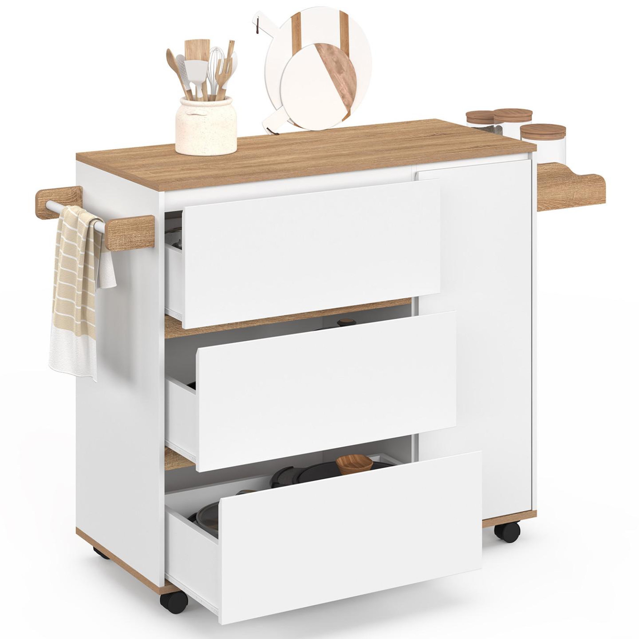 ID MARKET Desserte de cuisine comi xxl avec 3 tiroirs casserolier et placard blanc et plateau façon hêtre l. 90 cm