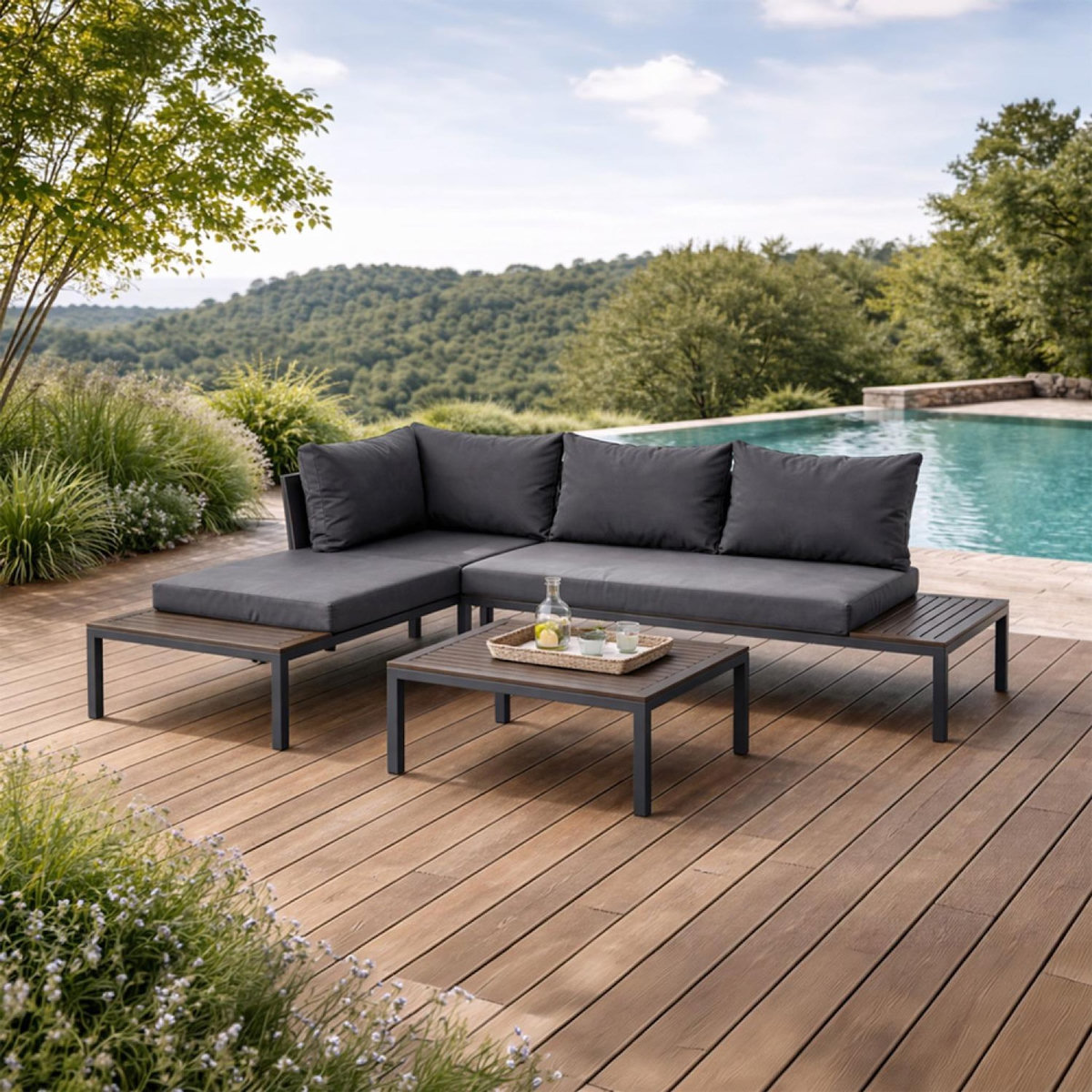 CONCEPT USINE Salon de jardin 3-4 places avec table basse gris foncé MAJURO