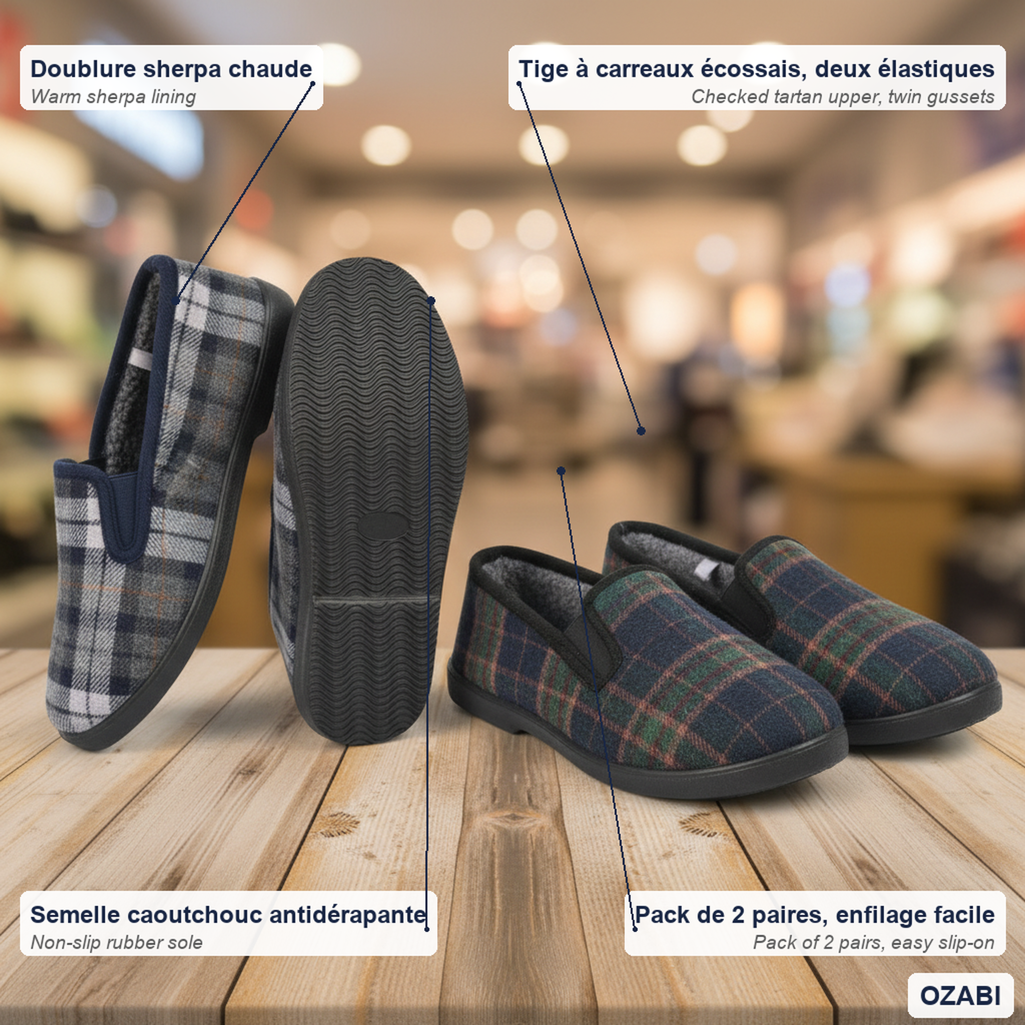 Voir la diapositive 5 : OZABI Ozabi pantoufles charentaises homme pack de 2 paires semelle antidérapante