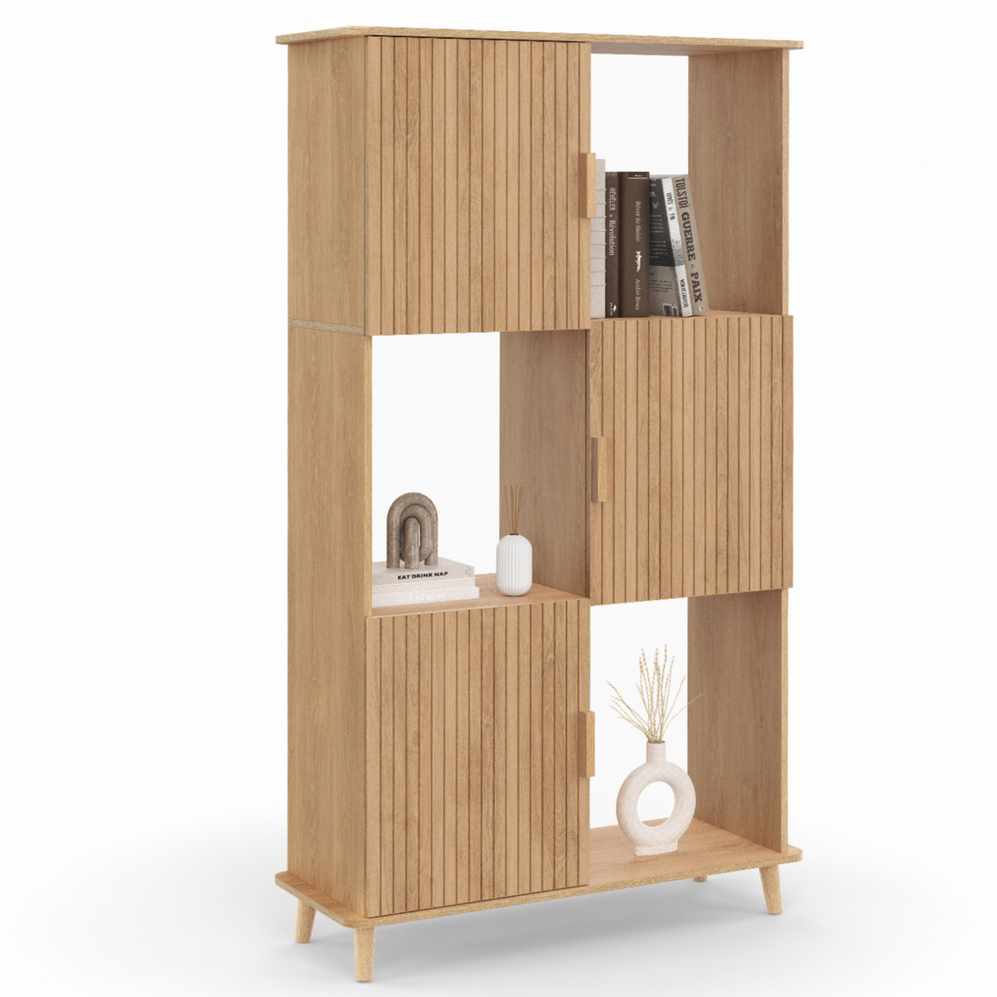ID MARKET Etagère bibliothèque 6 cases juliette lattes tasseau bois coloris chêne avec placard