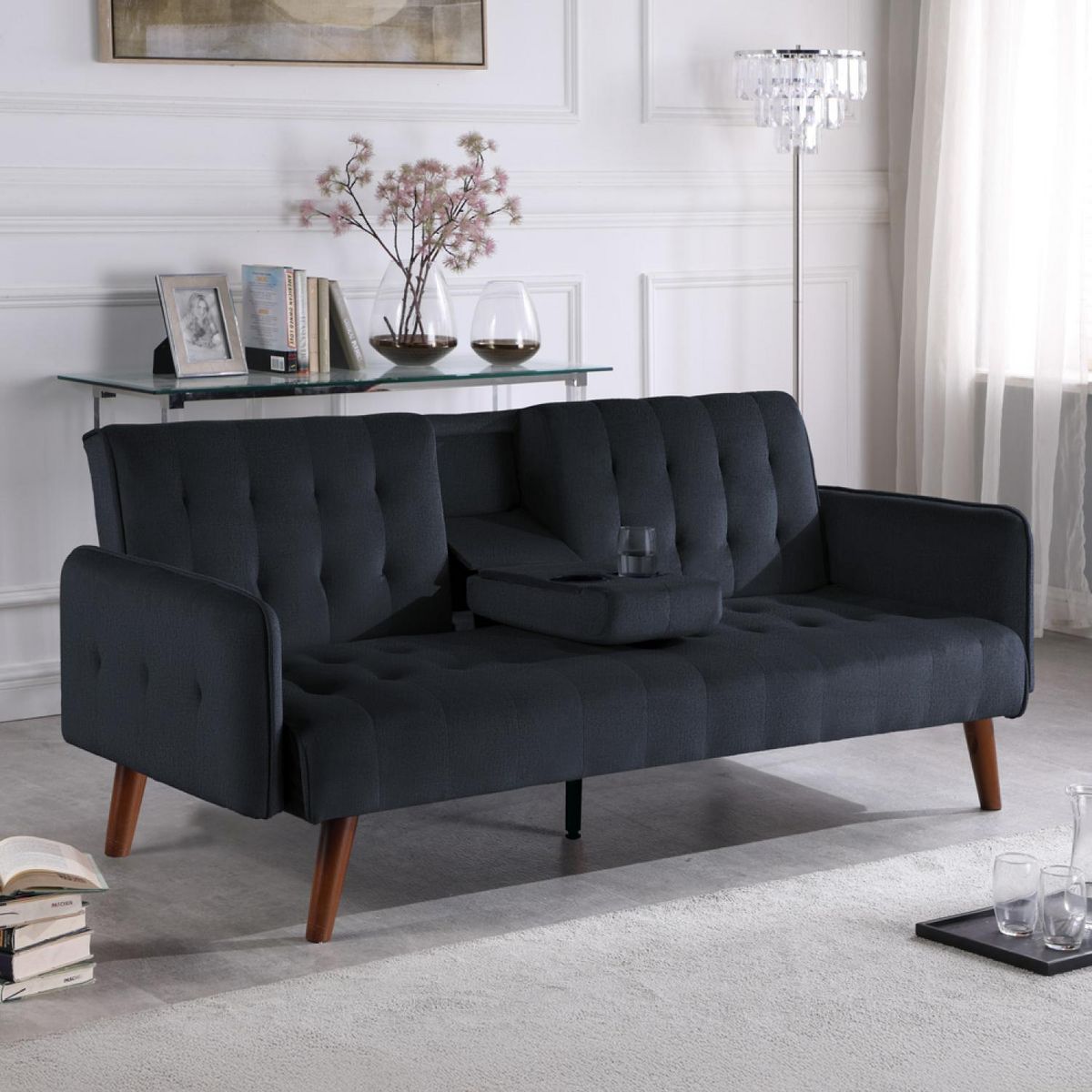 CONCEPT USINE Canapé 3 places convertible avec tablette centrale rabattable noir INVERNESS