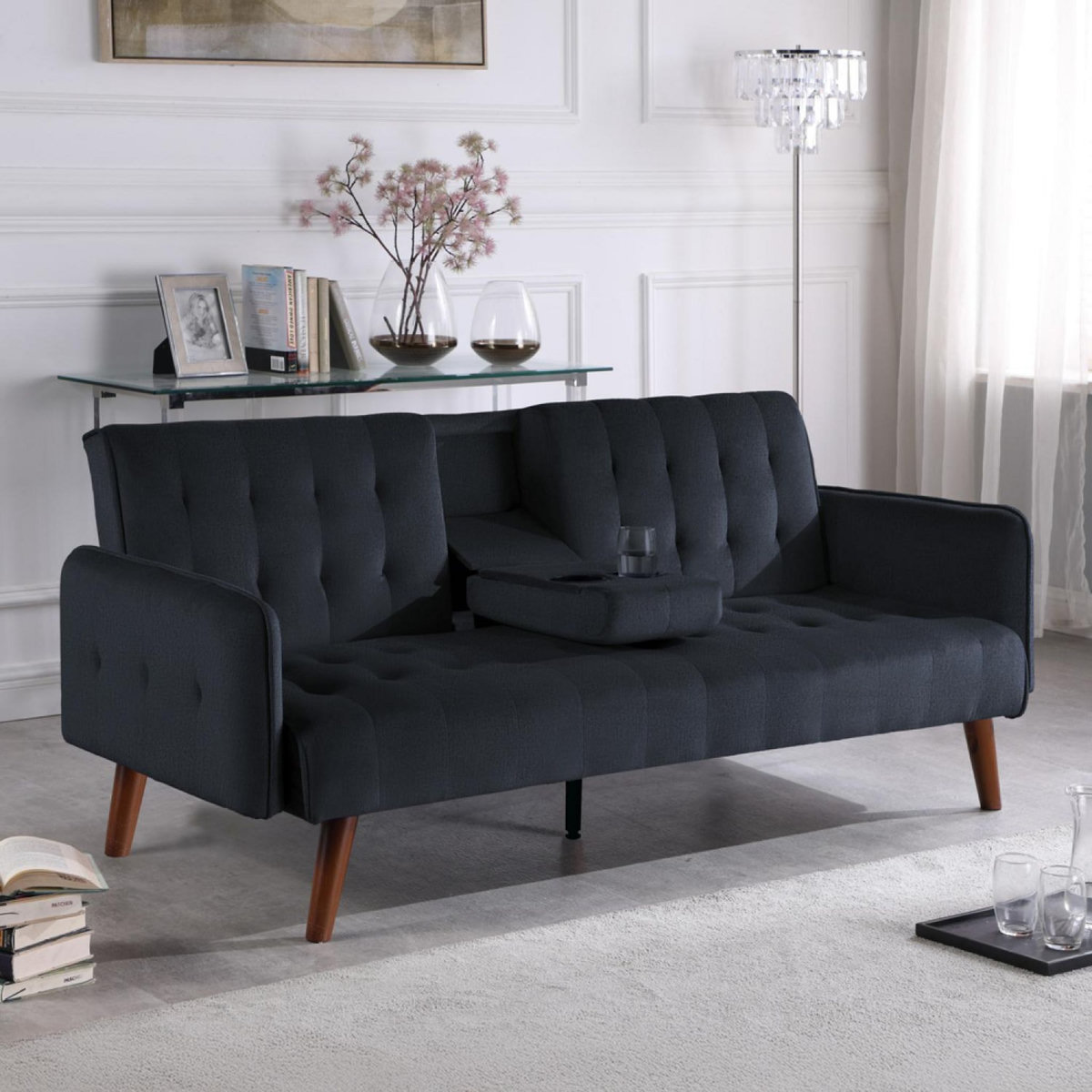 CONCEPT USINE Canapé 3 places convertible avec tablette centrale rabattable noir INVERNESS