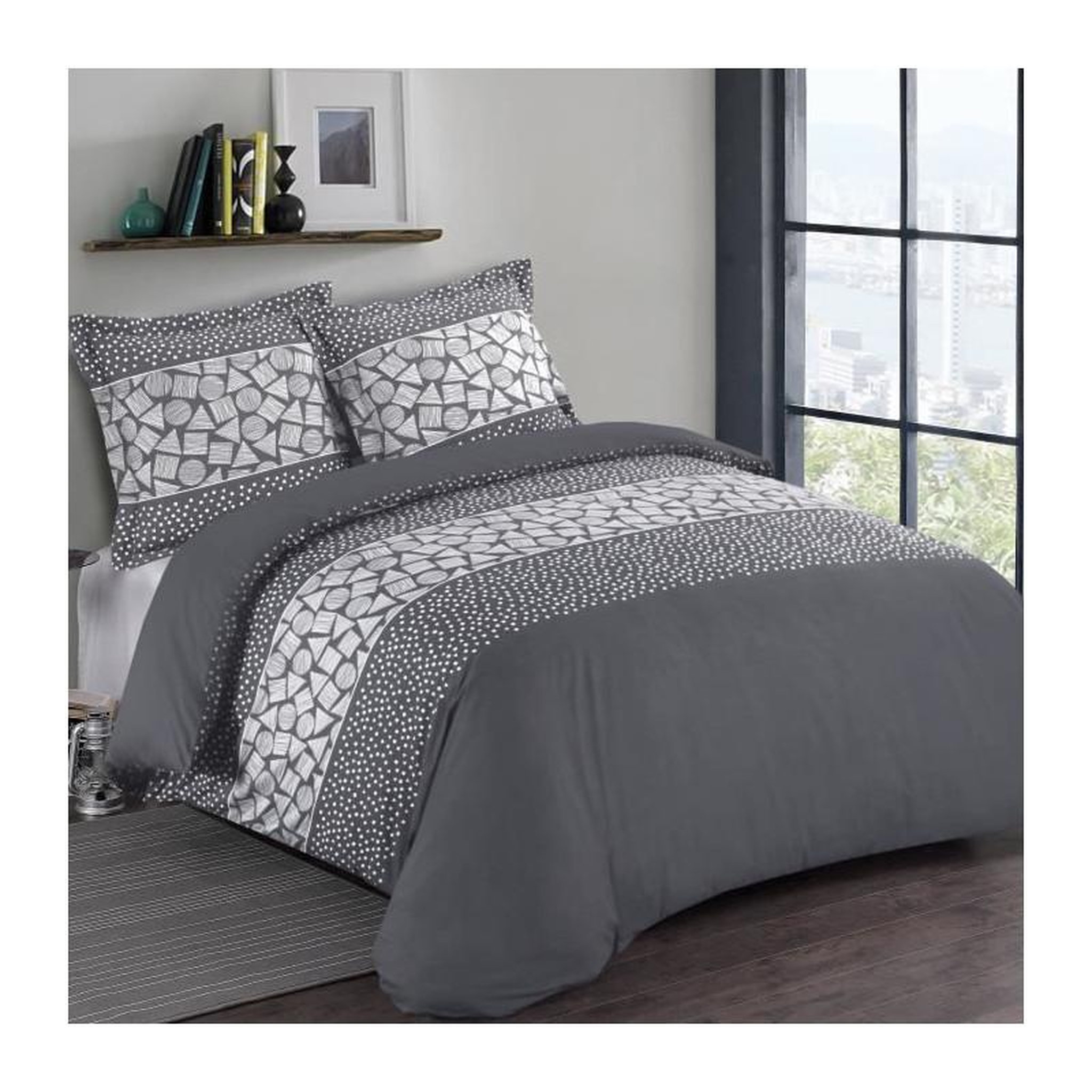VISION VISION Parure de couette Arthur - 100% coton - 1 housse de couette 240 x 260 cm + 2 taies d'oreiller 65 x 65 cm - Gris anthracit