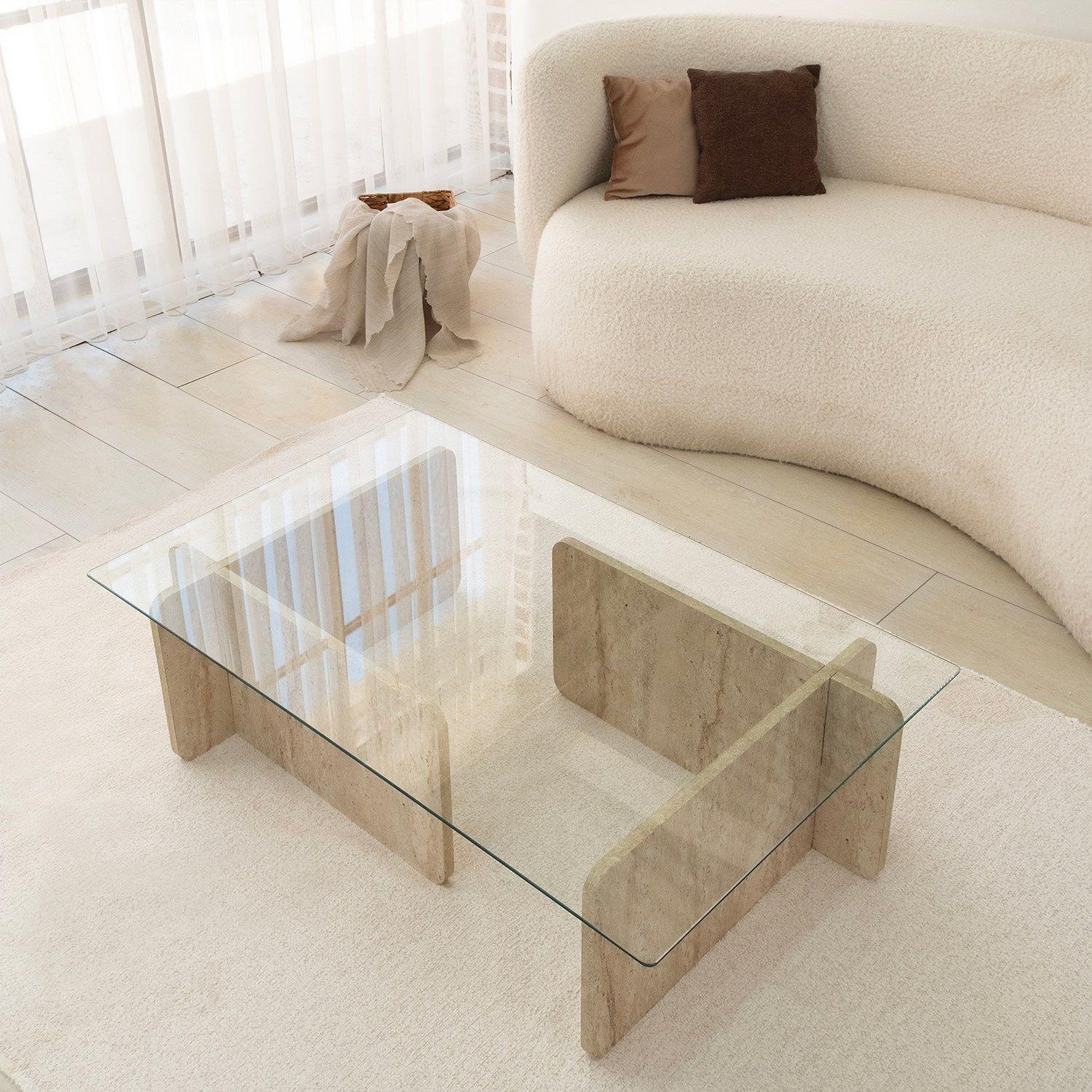 Voir la diapositive 5 : TOILINUX Table basse rectangulaire effet travertin et verre - beige