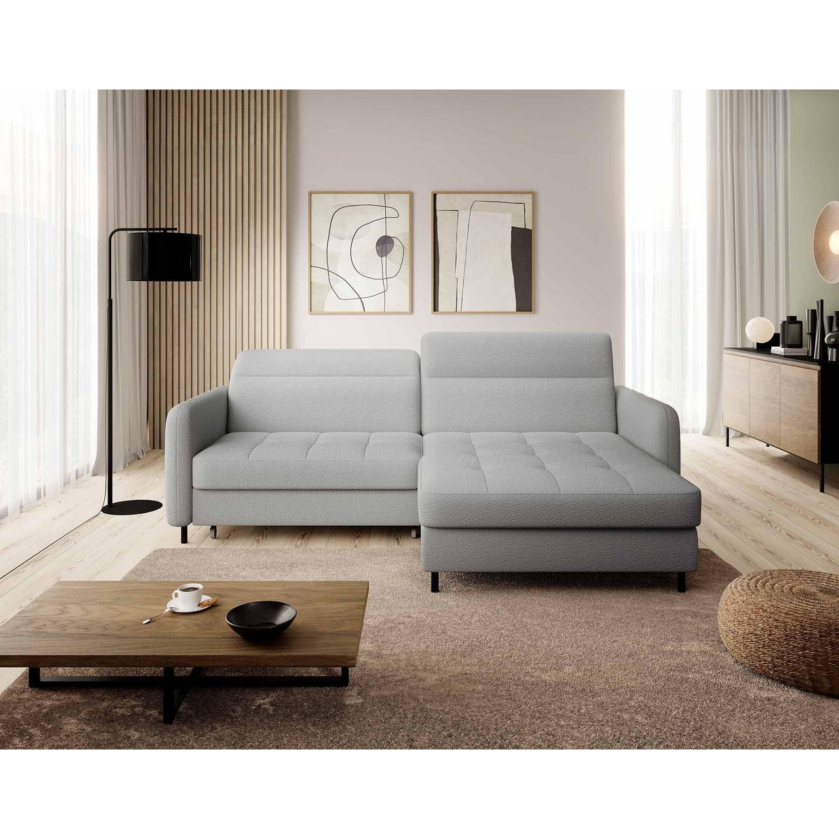 BEST MOBILIER Sagada - canapé d'angle droit 4 places - convertible avec coffre et têtières - en tissu bouclette