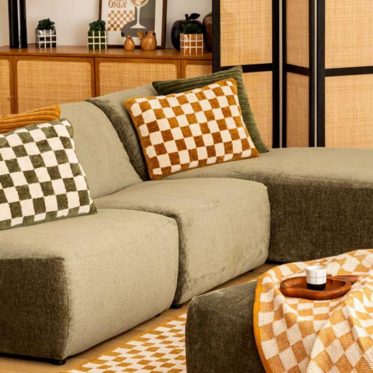 ATMOSPHERA Coussin Tufté Damier  Itha  38x58cm Ocre