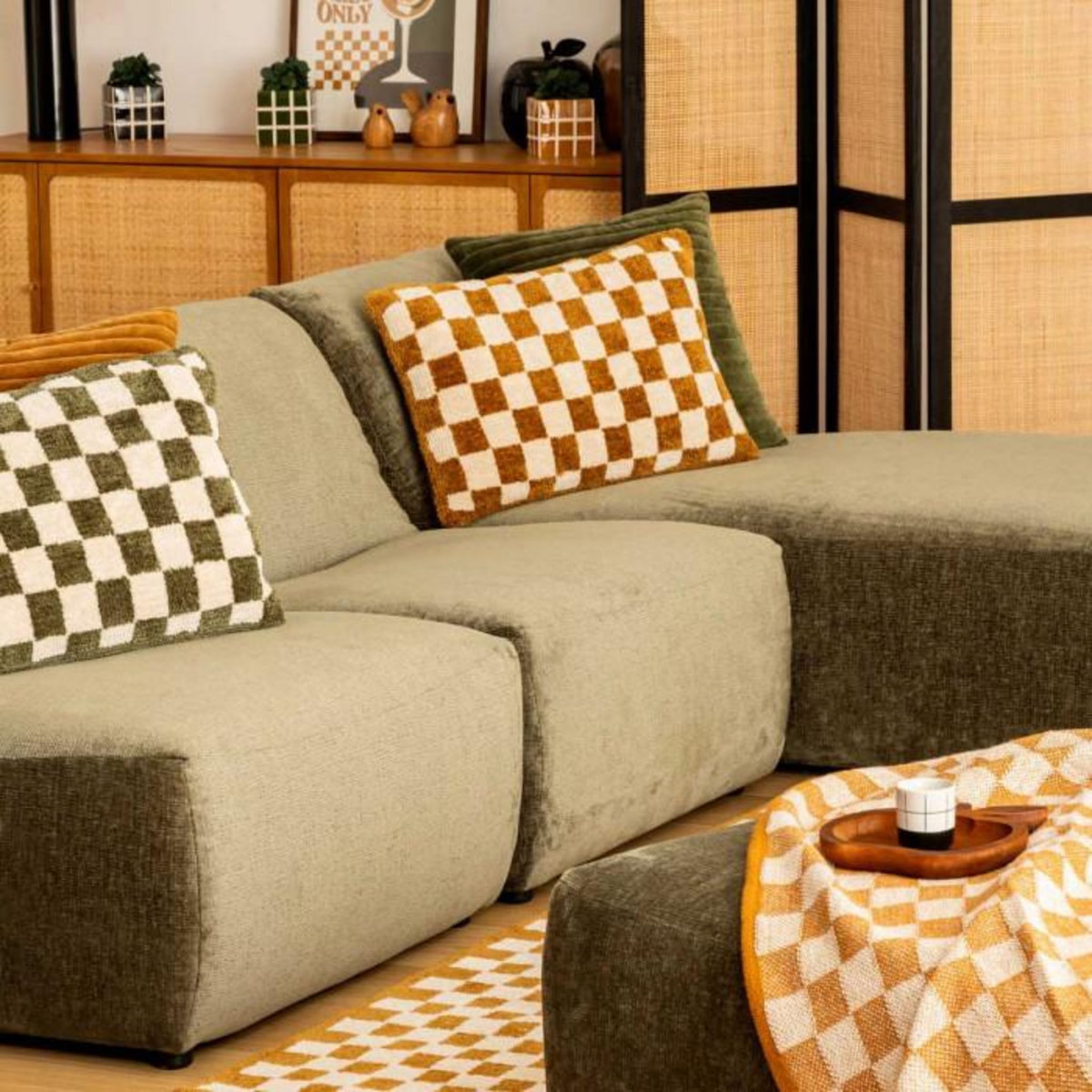 ATMOSPHERA Coussin Tufté Damier  Itha  38x58cm Ocre
