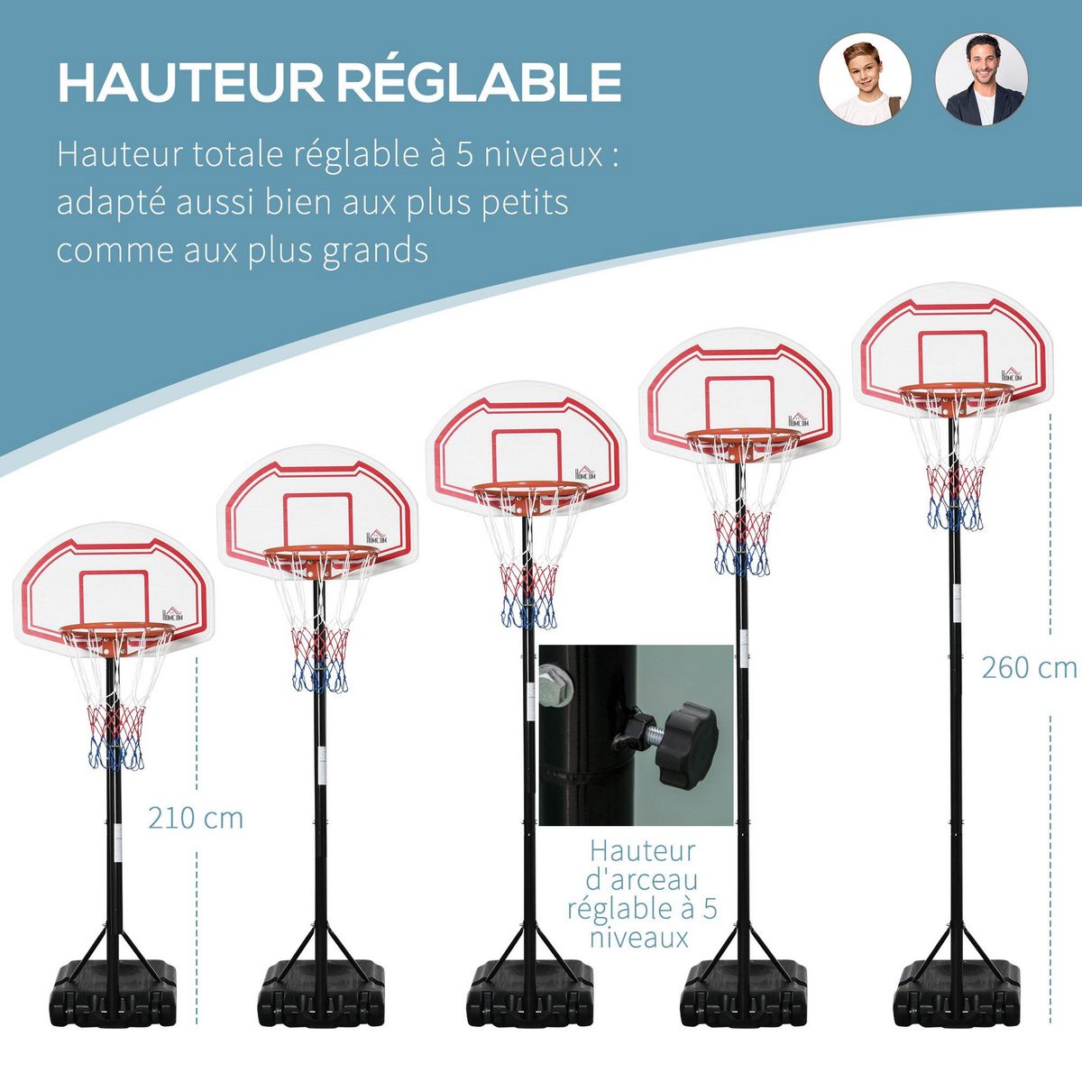 HOMCOM Panier de Basket-Ball sur pied avec poteau panneau - base de lestage sur roulettes - hauteur réglable 5 niveaux 2,45-2,95 m - acier HDPE noir blanc