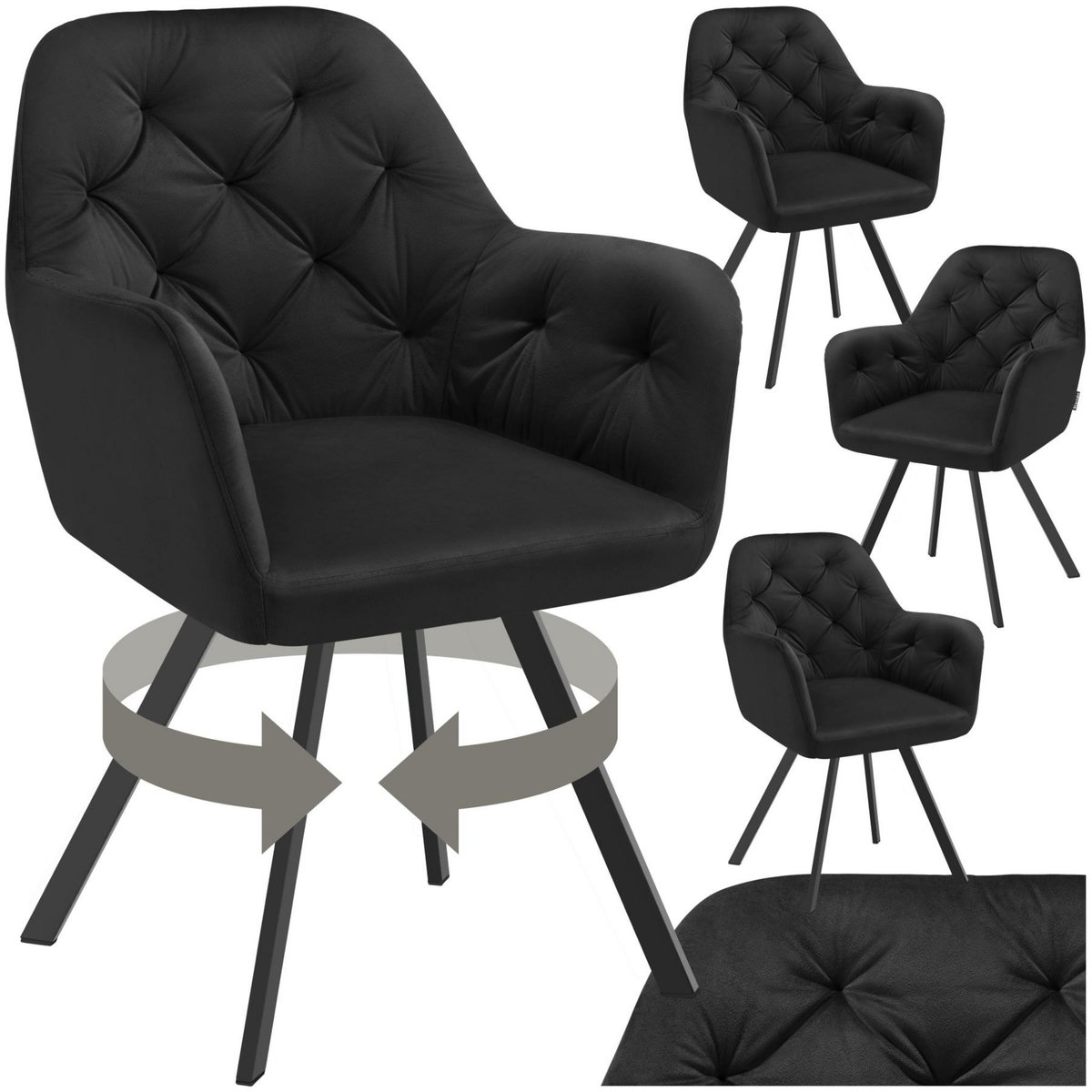 tectake Fauteuil pivotant en velours avec accoudoirs rembourré avec motif matelassé noir Lot de 4