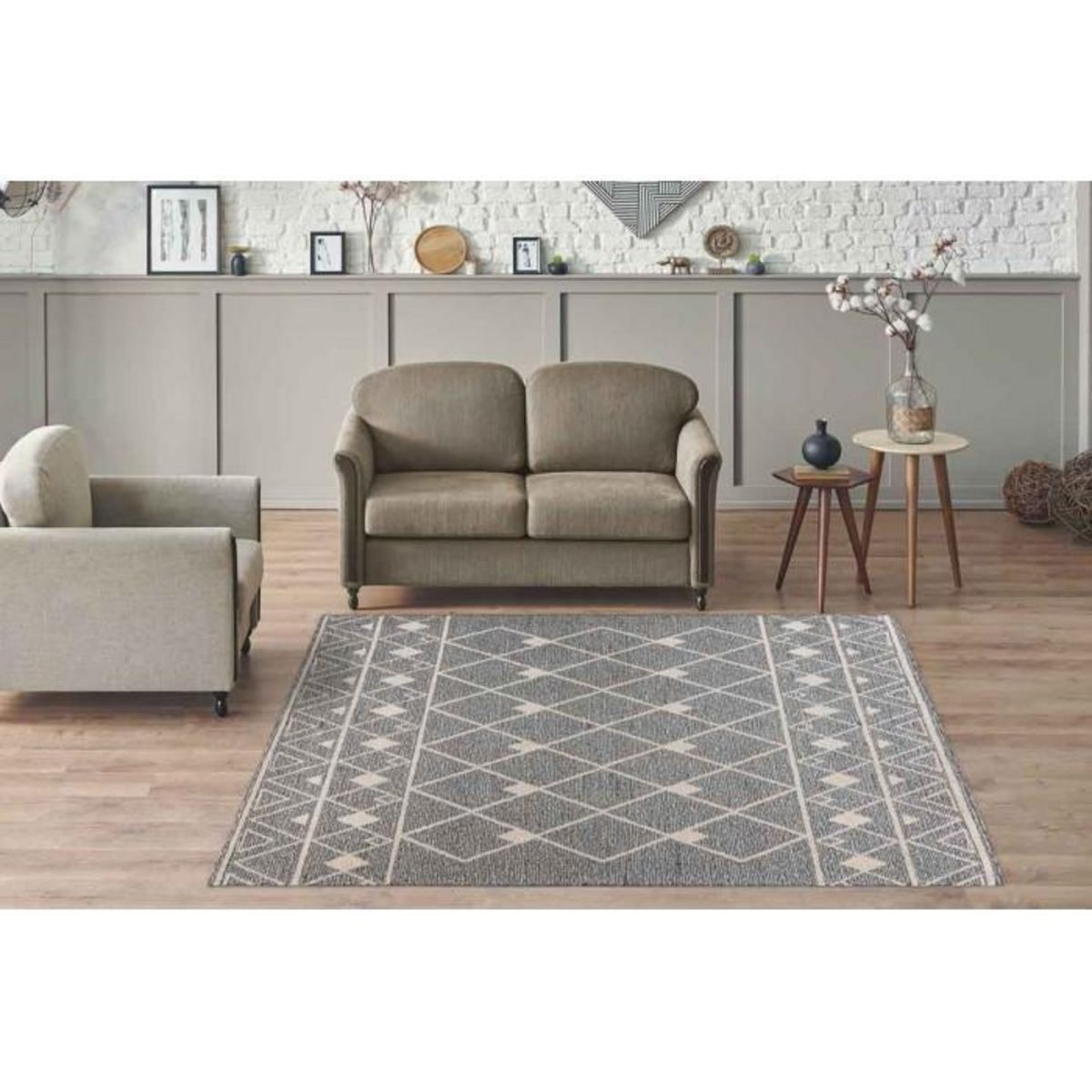 Paris Prix Tapis Tissé Géométrique  Rhombus  Gris & Beige