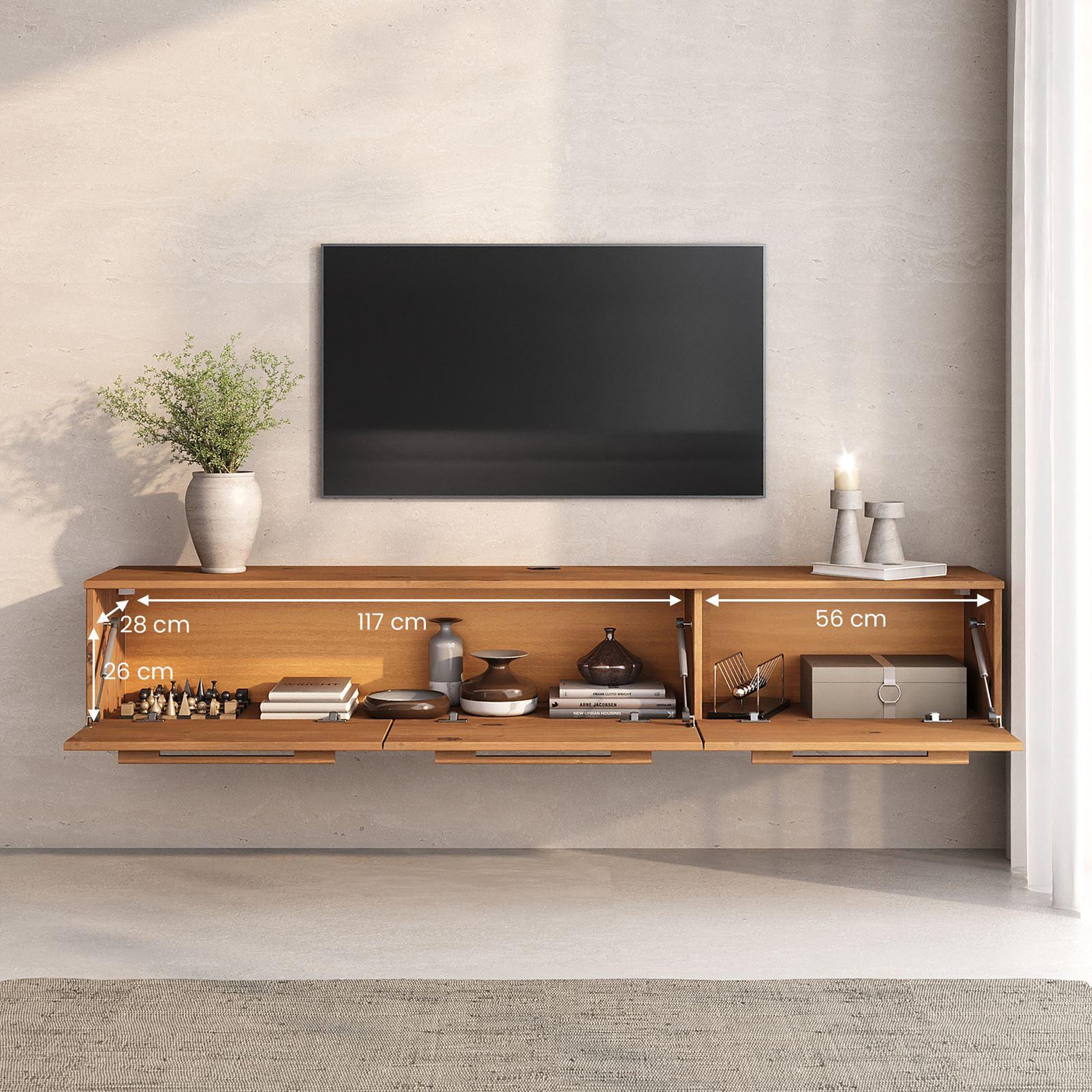 Voir la diapositive 4 : IDIMEX Meuble tv suspendu tecca l 180 cm 3 portes en bois massif
