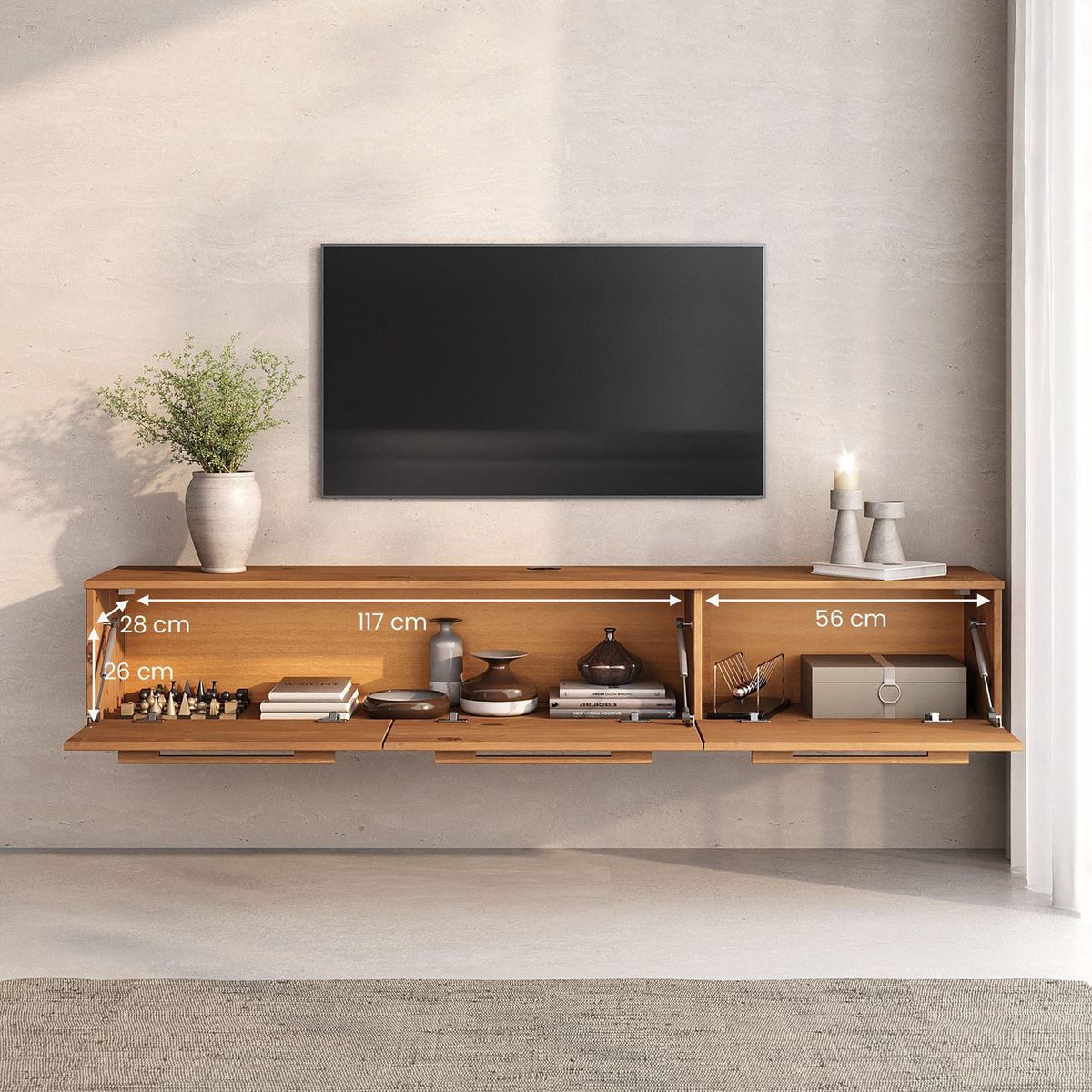 IDIMEX Meuble TV suspendu TECCA L 180 cm 3 portes en bois massif