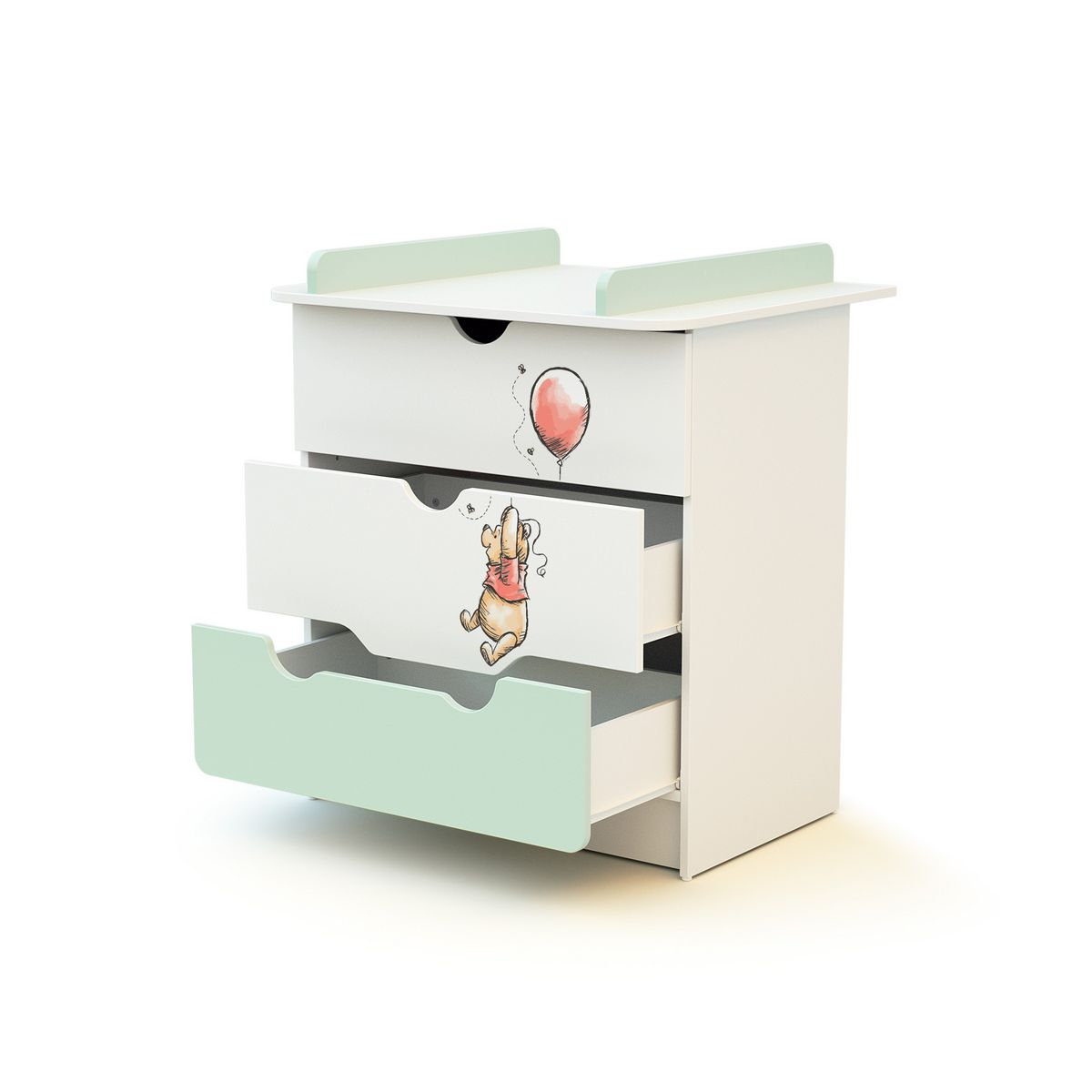 AT4 Commode à langer 3 tiroirs WINNIE BALLON DISNEY Vert d'eau