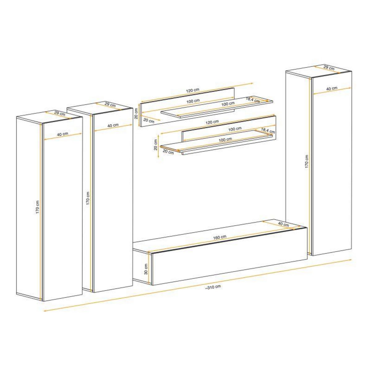 Paris Prix Meuble TV Mural Design  Fly I  310cm Blanc