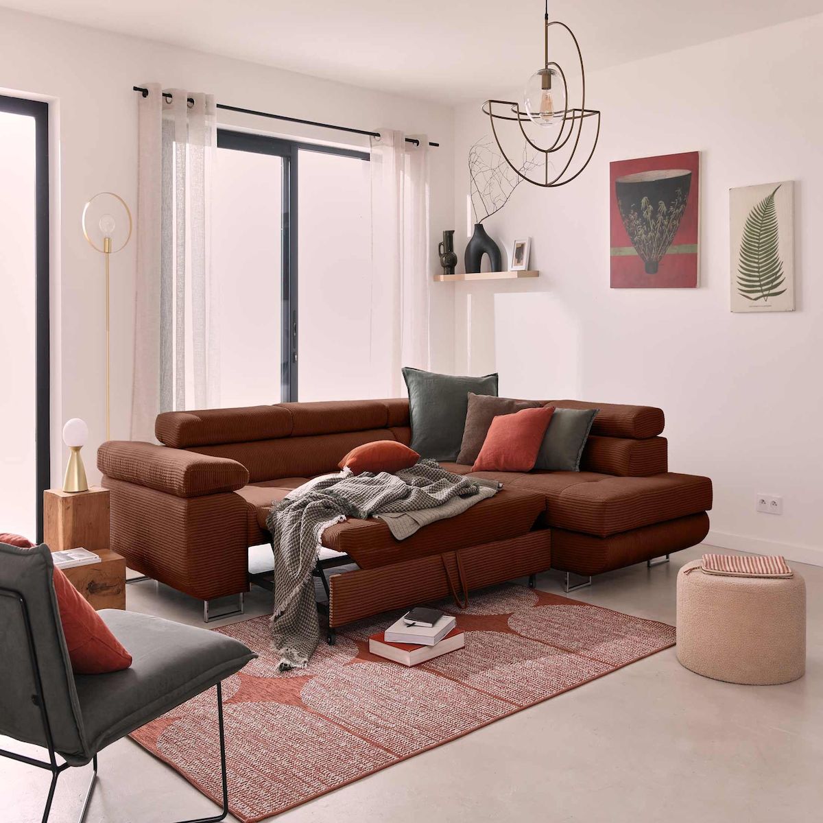 BEST MOBILIER Zaria - canapé d'angle droit - convertible avec coffre et têtières réglables - 5 places - en velours côtelé