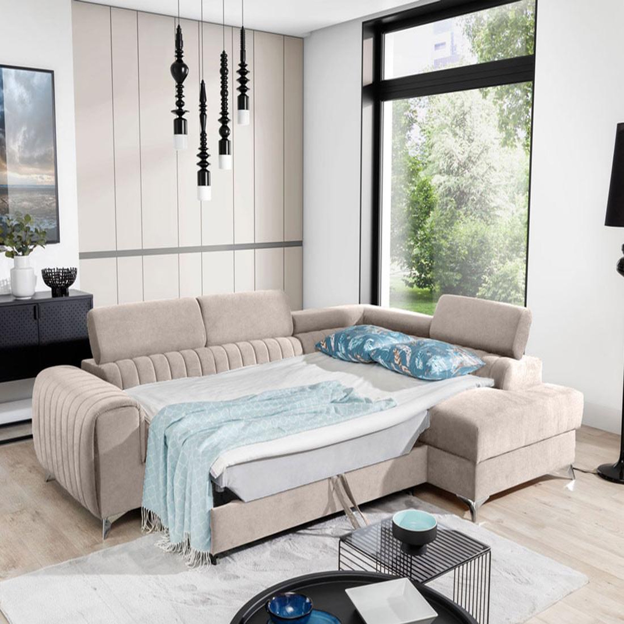 Voir la diapositive 2 : BEST MOBILIER Talisay - canapé d'angle droit - 5 places - convertible avec coffre - en velours