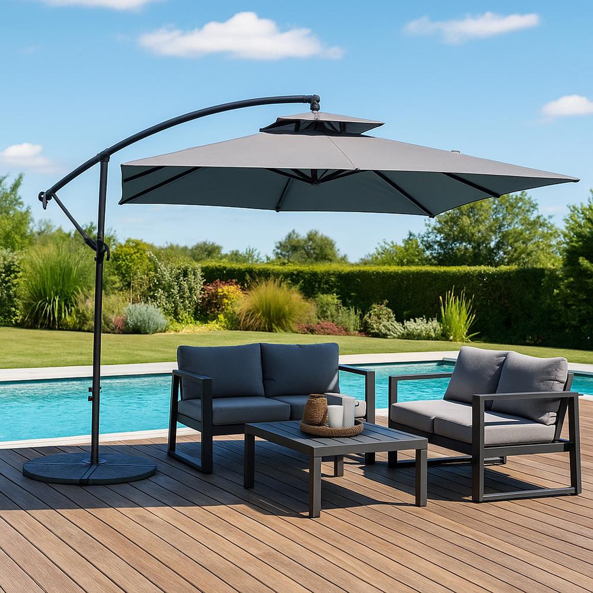 Voir la diapositive 3 : CONCEPT USINE Parasol  gris déporté carré 3 x 3 m CAPRI