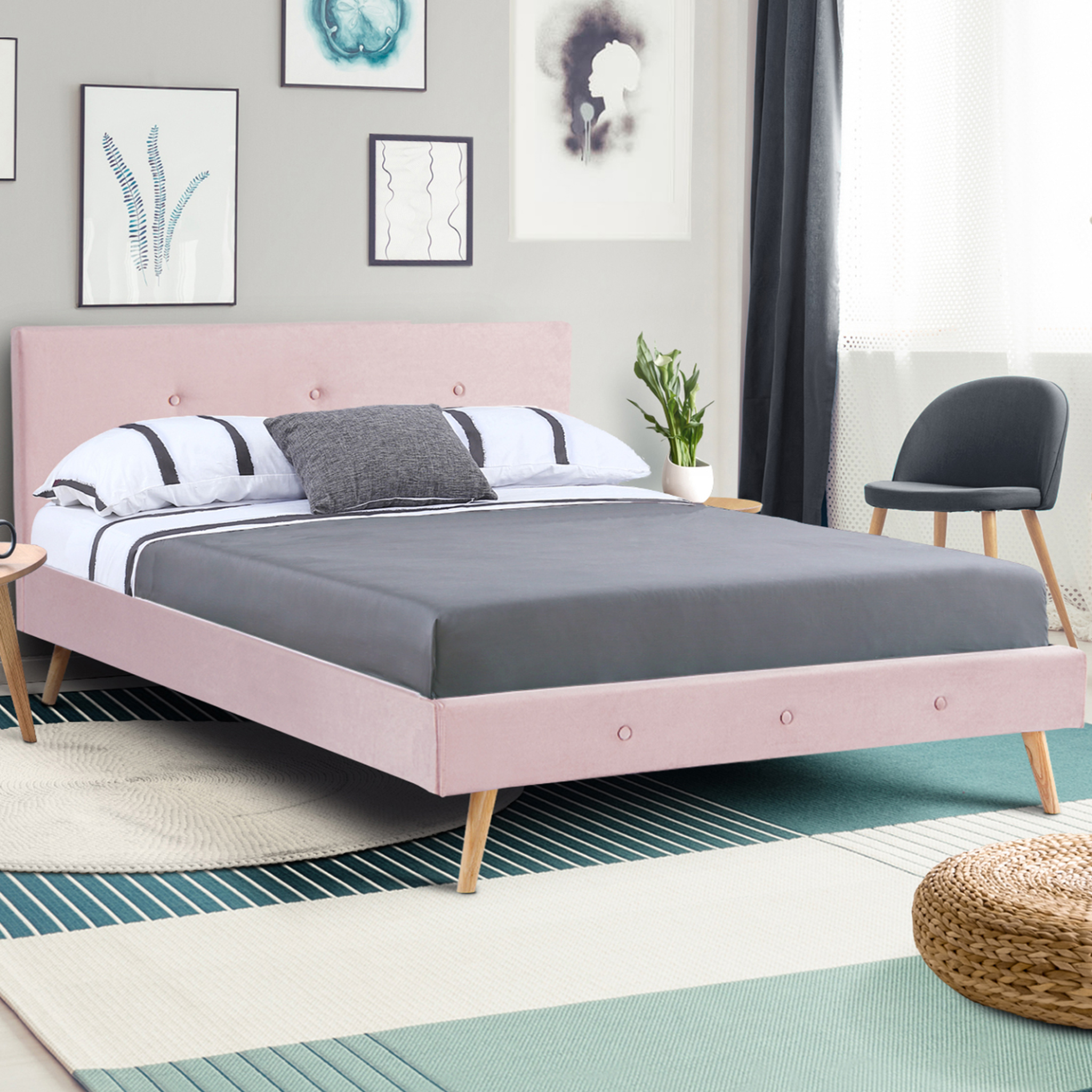 Voir la diapositive 2 : ID MARKET Lit double scandinave oslo avec tête de lit et sommier 140 x 190 cm tissu rose clair effet velours